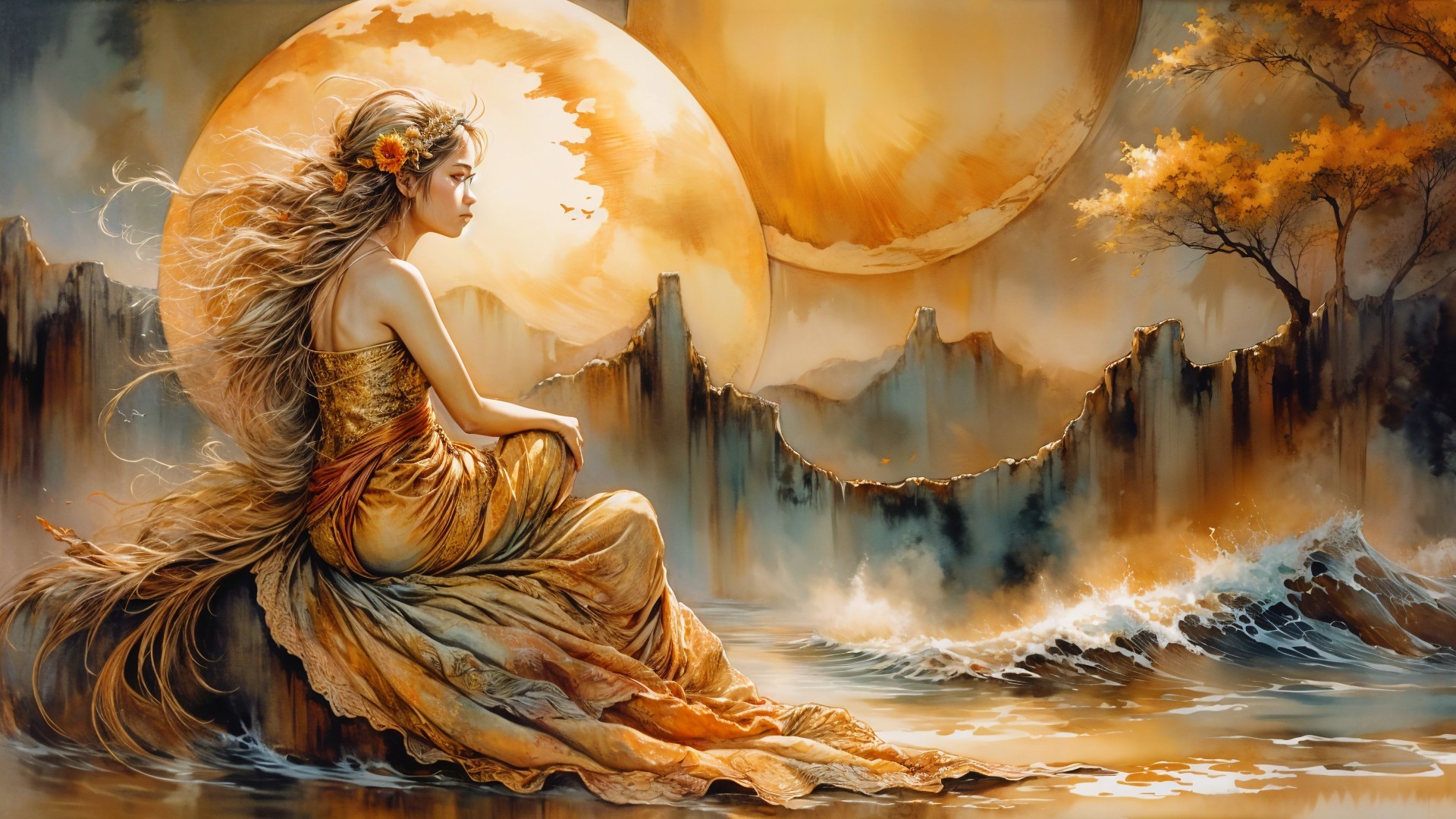 Serene Figure by Shore in Golden Dress with Celestial Bodies