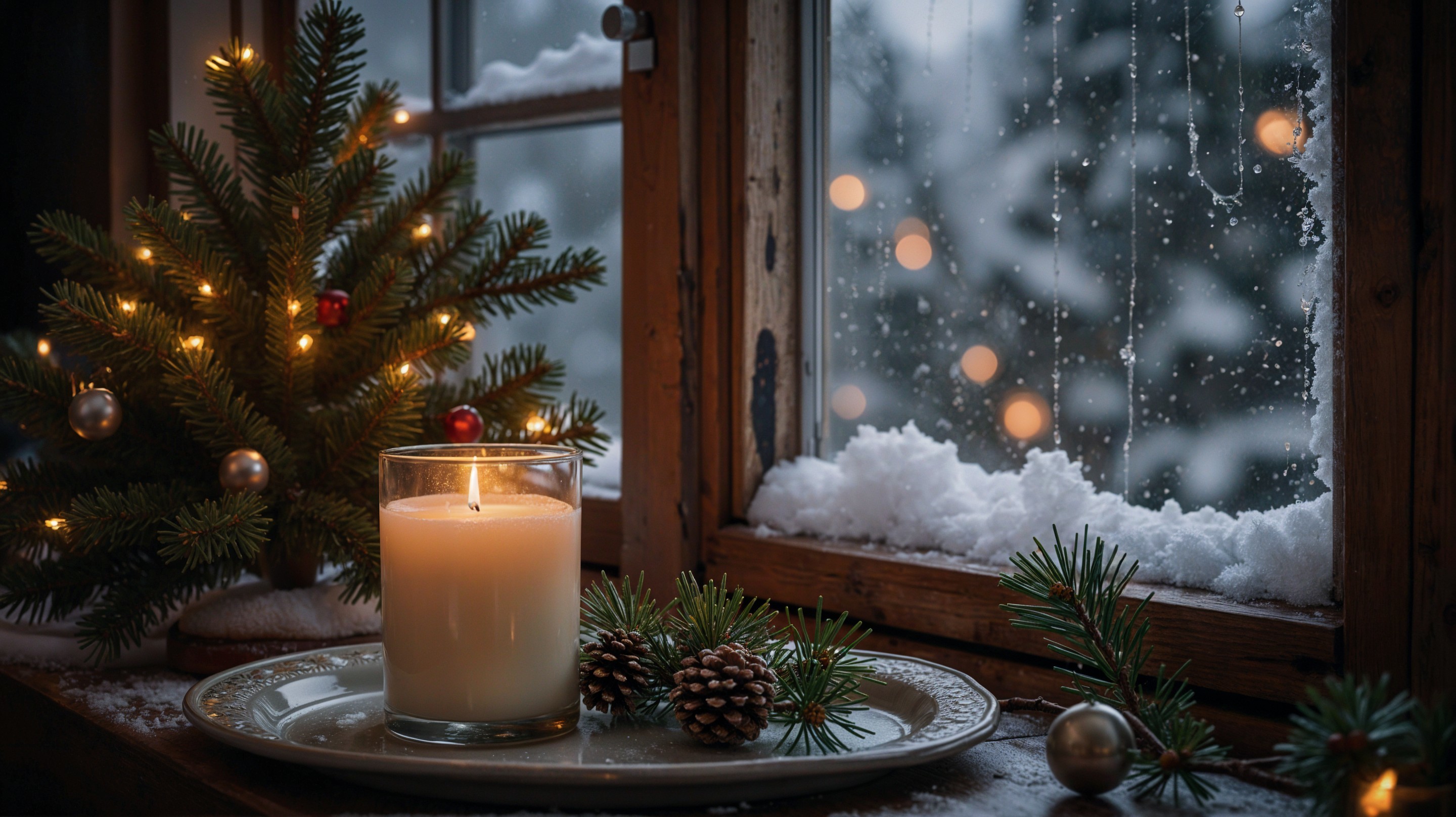 Cozy Winter Scene with Candle and Christmas Decor
