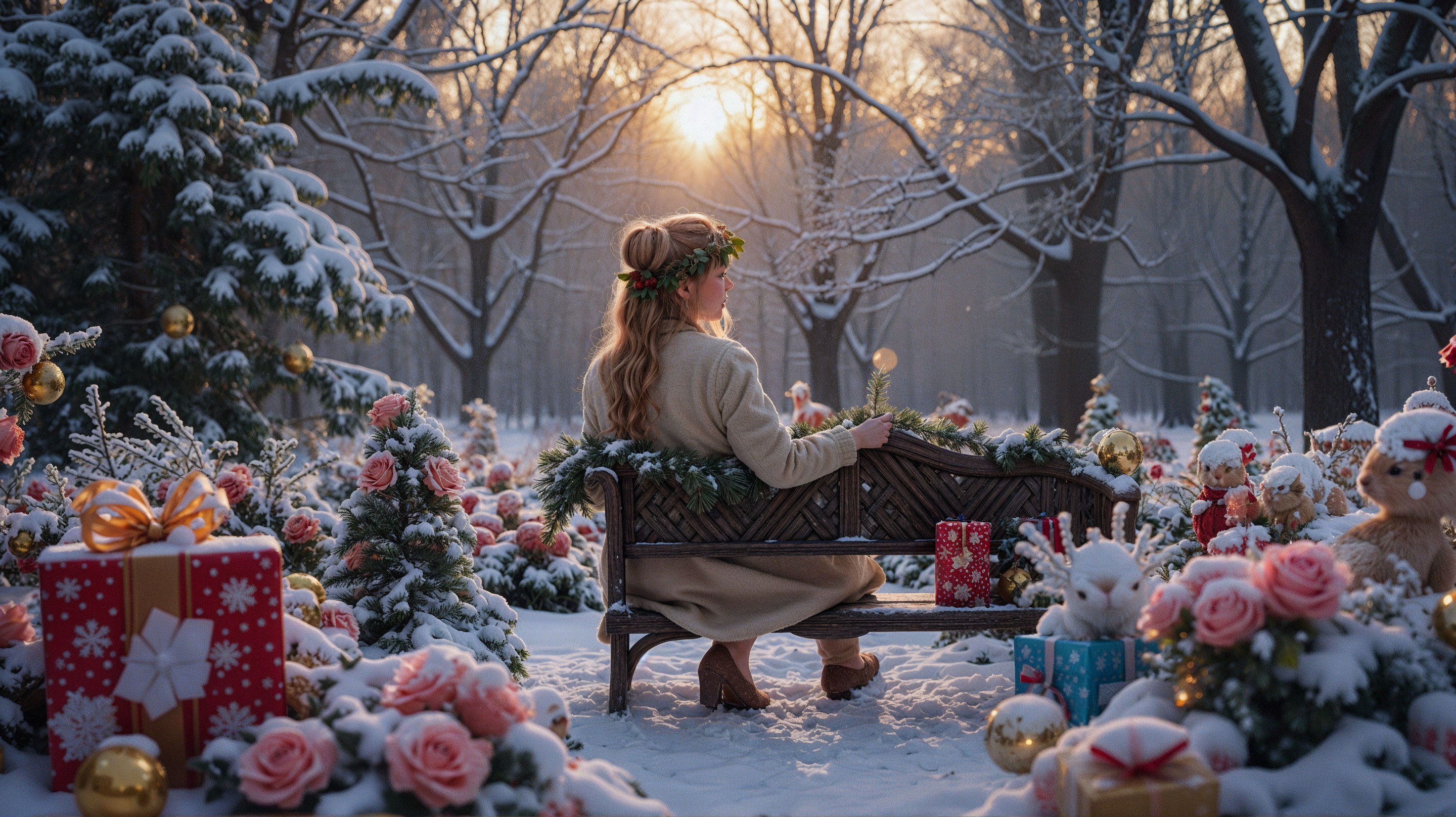 Winter Scene with Woman, Snowy Trees, and Gifts