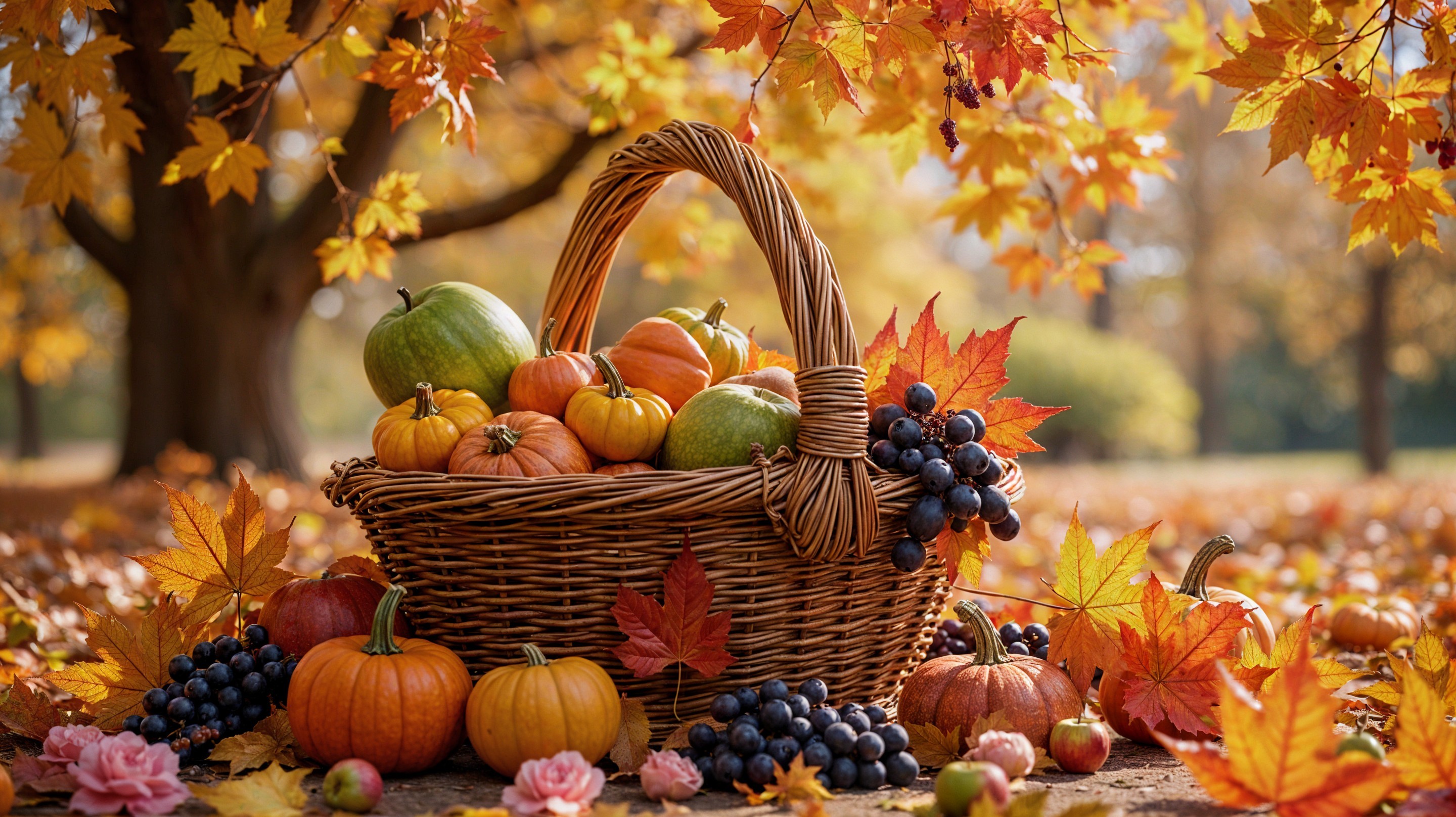 Woven Basket with Pumpkins in Autumn Setting