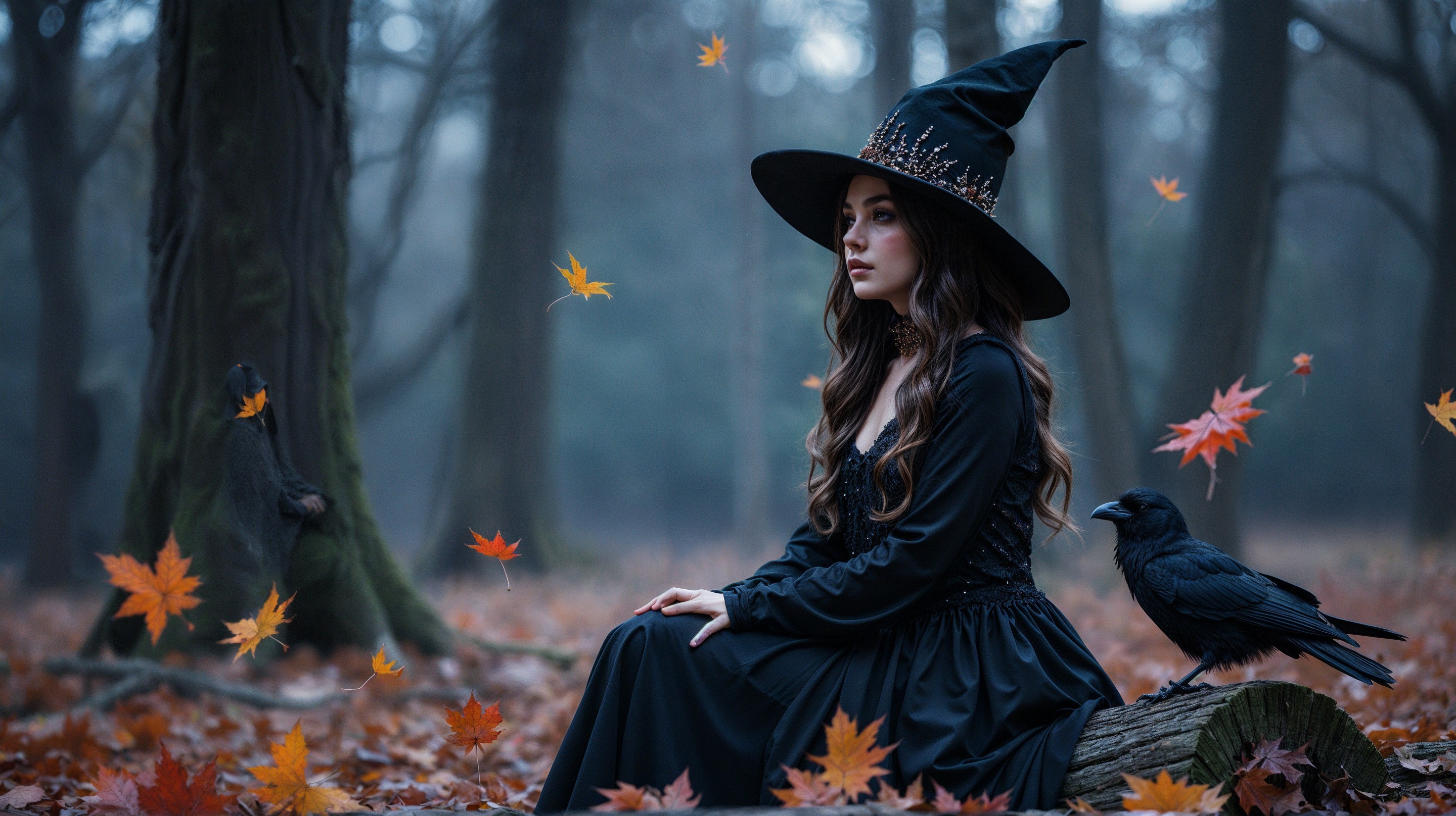 Young Woman in Black Gown in Enchanted Forest Setting
