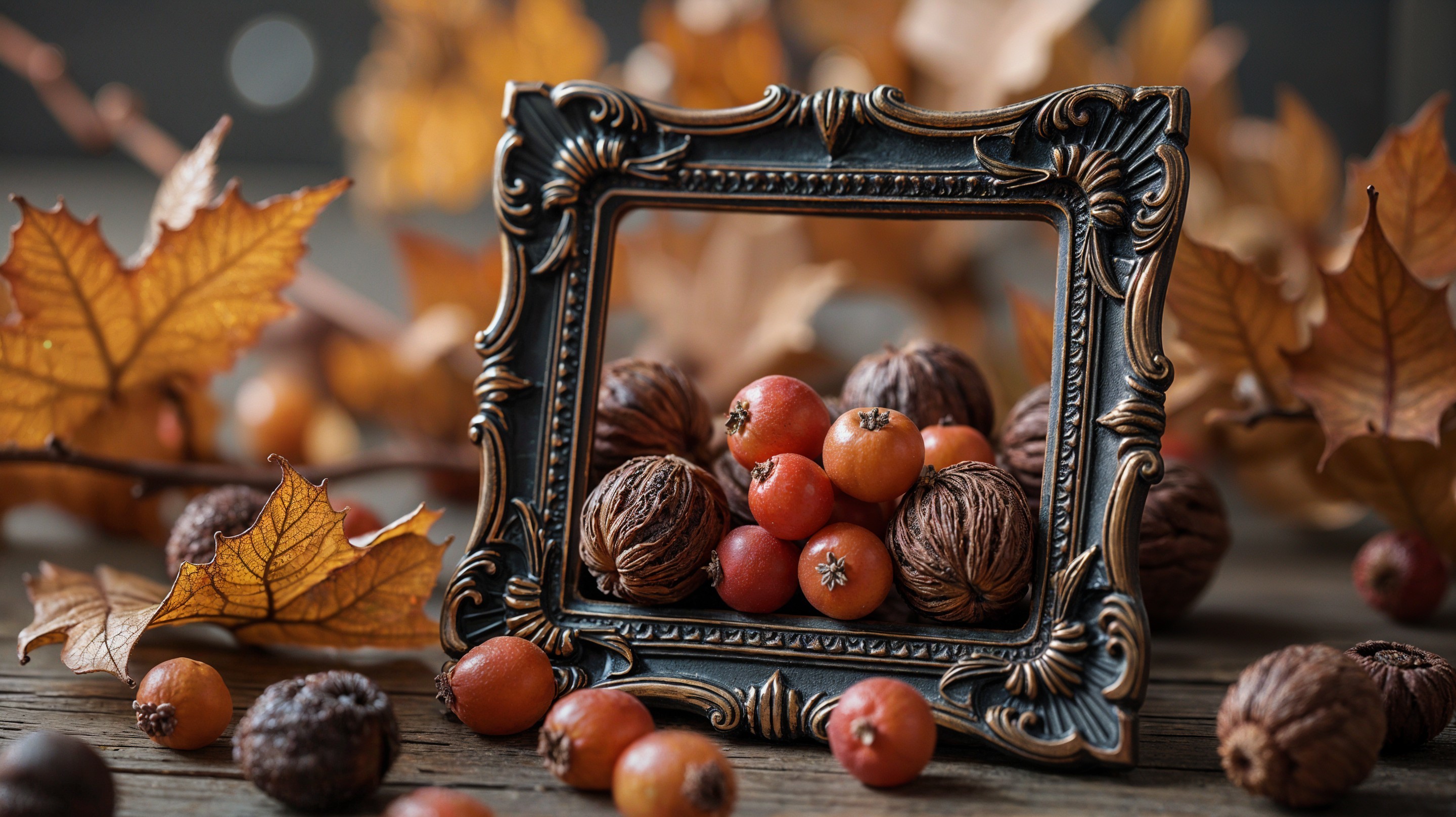 Vintage Frame with Autumn Leaves and Natural Elements