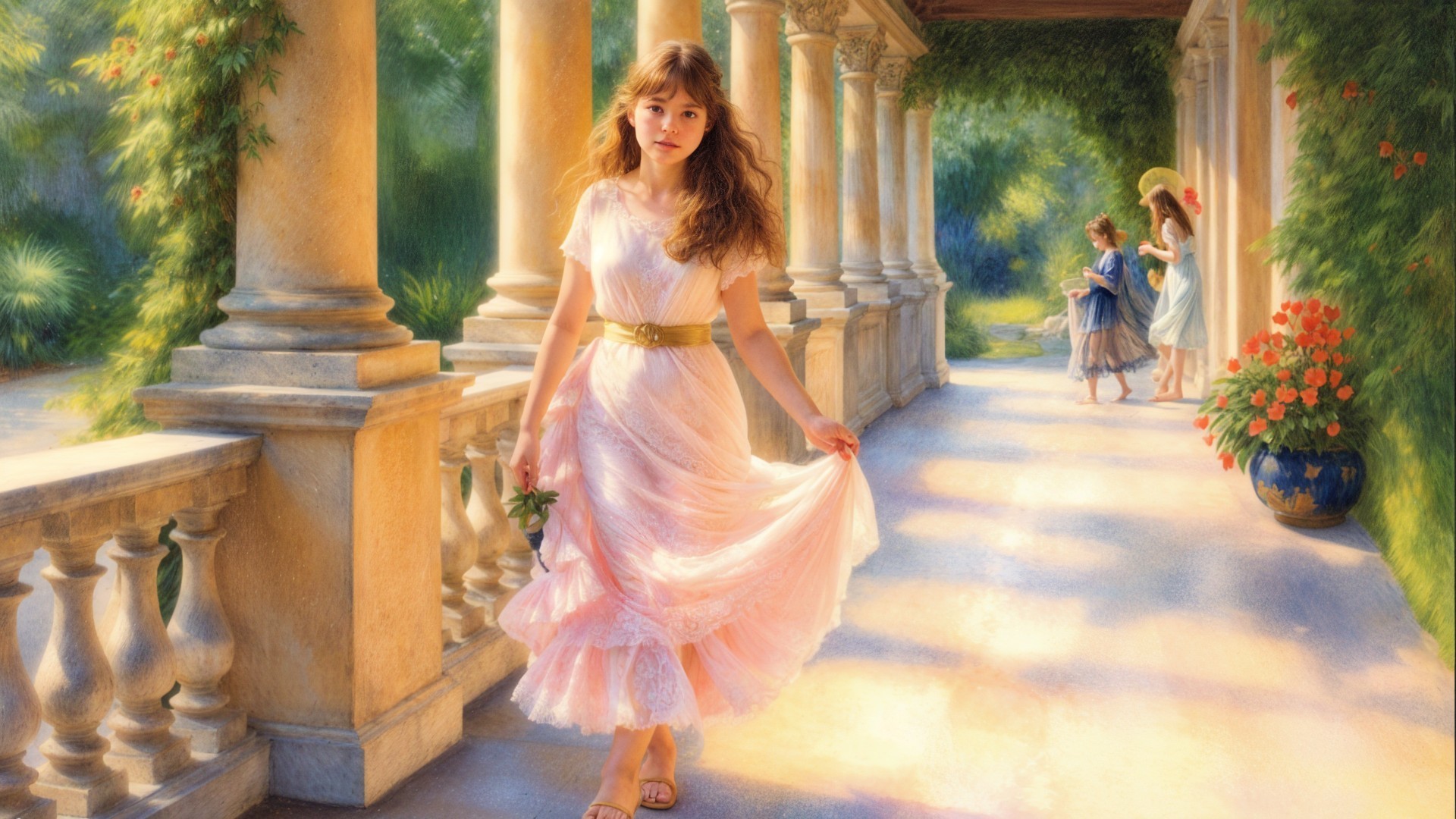 Young Woman in Pink Dress in Serene Outdoor Setting