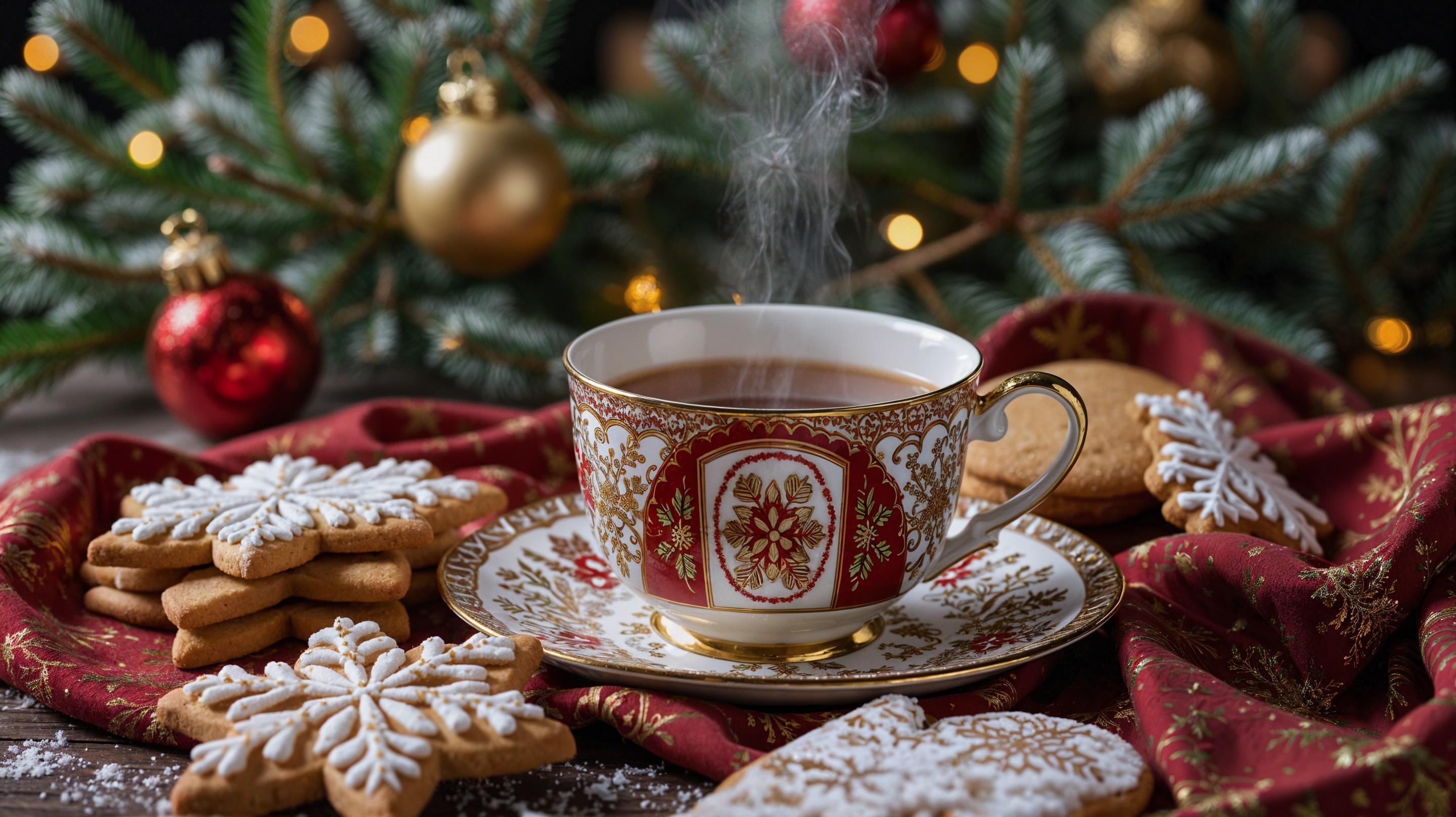 Festive Tea Scene with Cookies and Holiday Decor