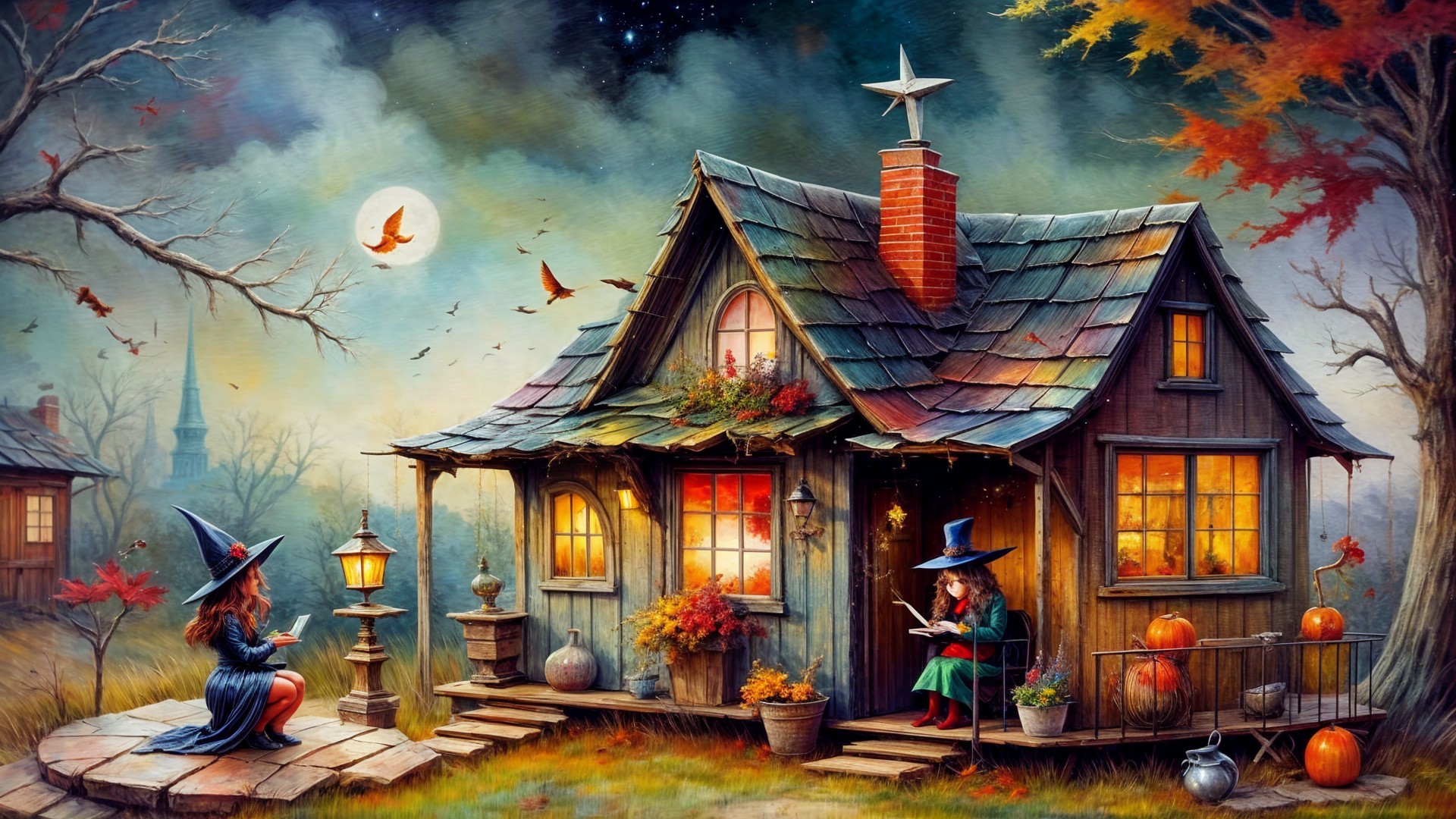 Cozy Cottage Scene with Witches Under Starry Sky