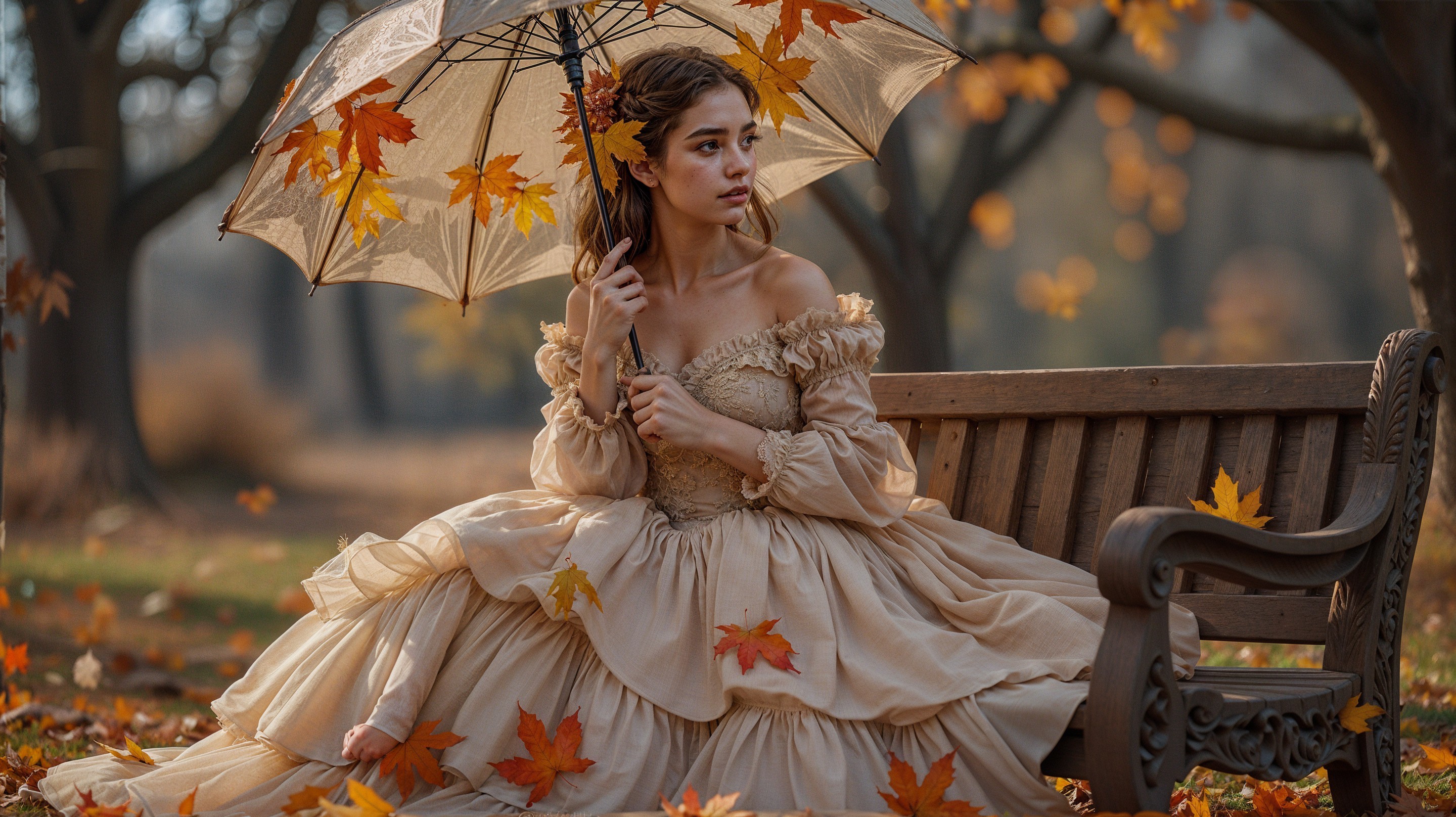 Young Woman in Elegant Gown in Autumn Park Setting