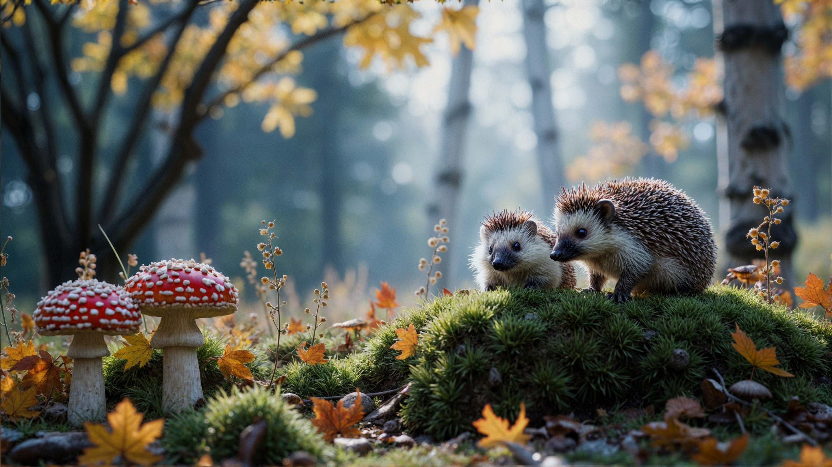 Hedgehogs in a Forest with Moss and Toadstools