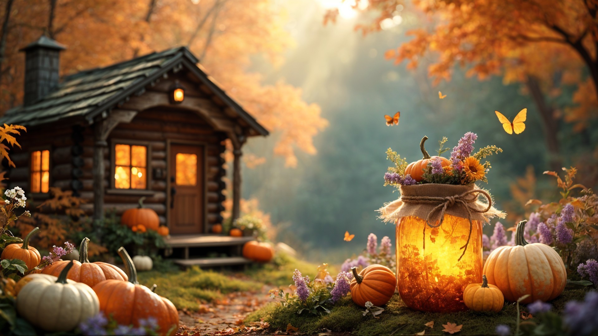 Cozy wooden cabin surrounded by autumn foliage and pumpkins