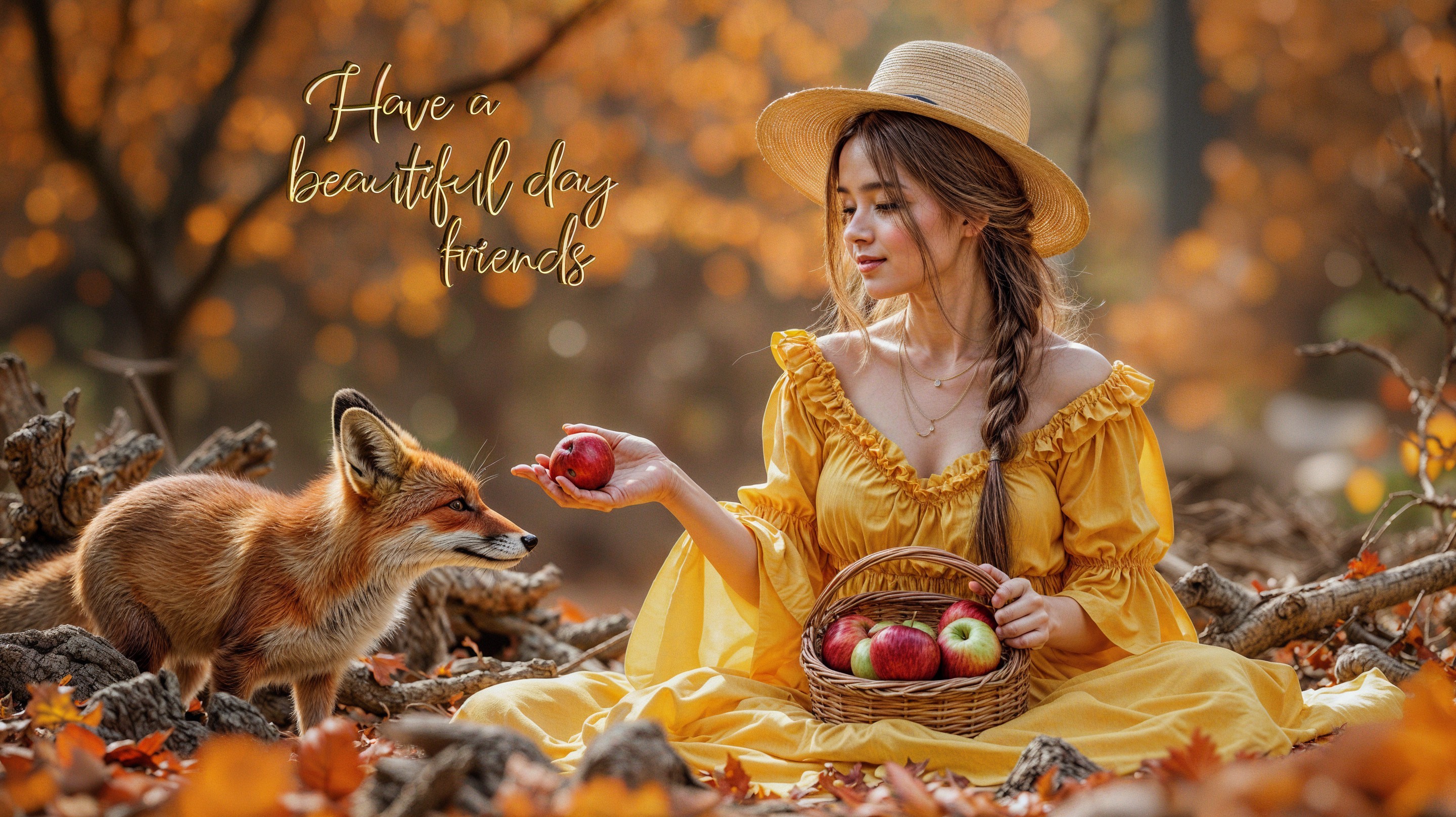 Young woman in yellow dress with apples and fox