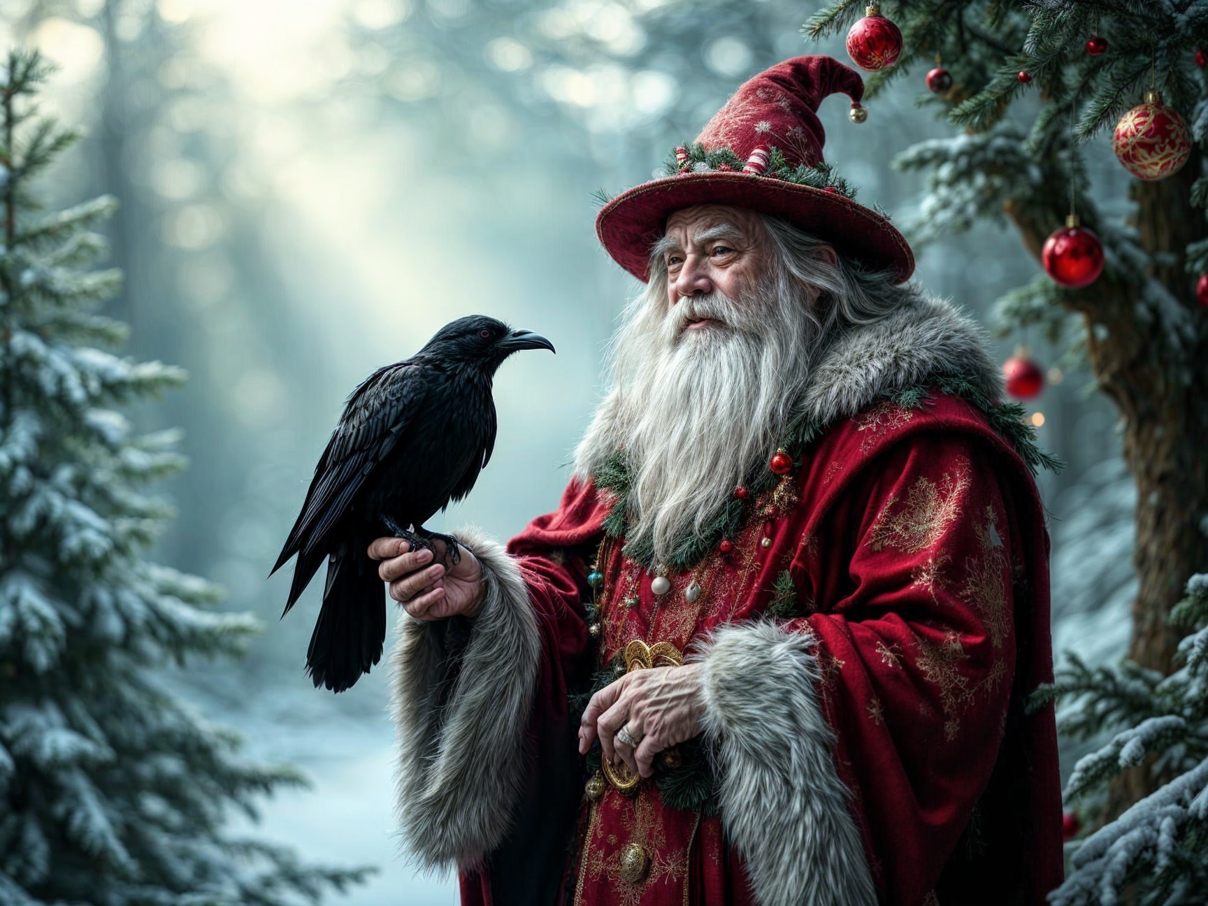 Elderly Man in Red Robe with Raven in Snowy Forest