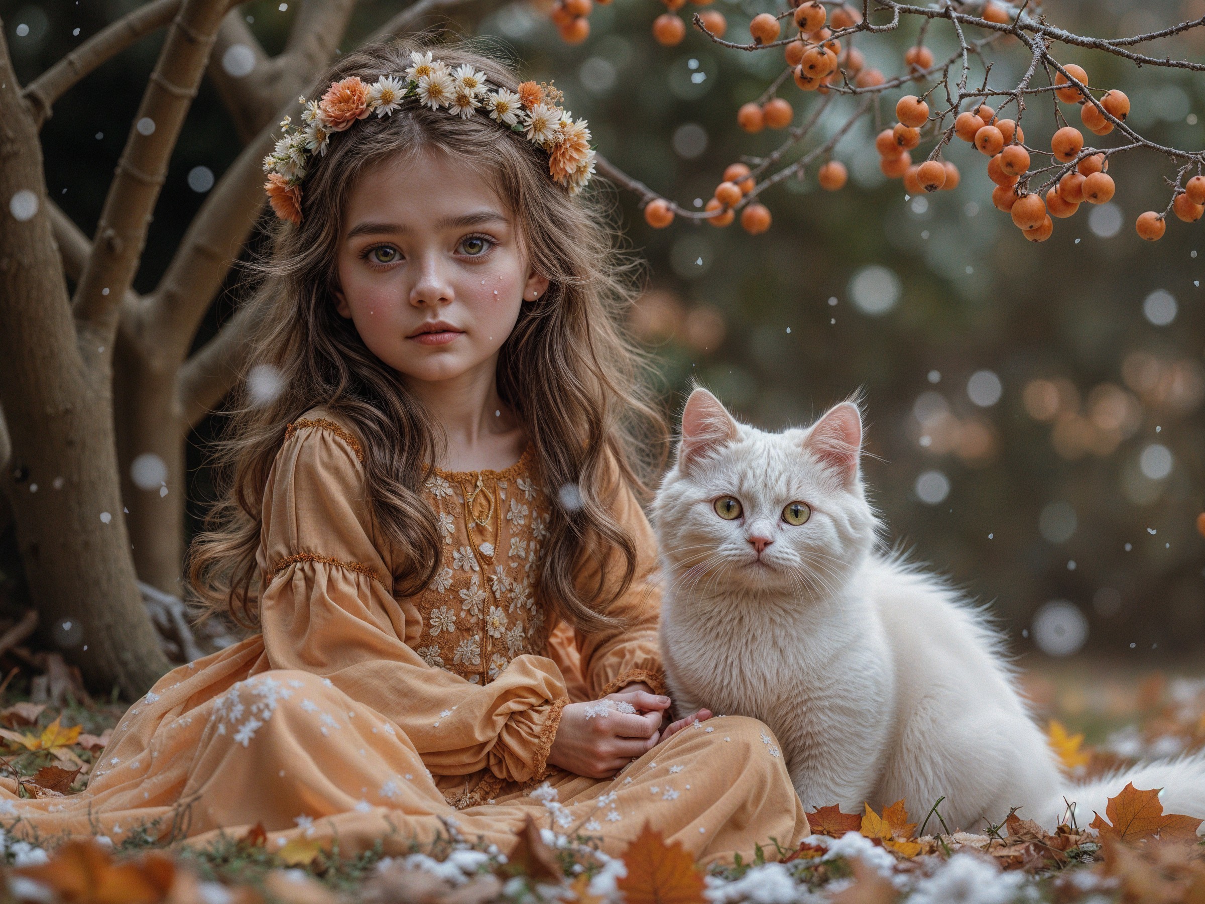 Young girl in amber dress with cat in autumn leaves