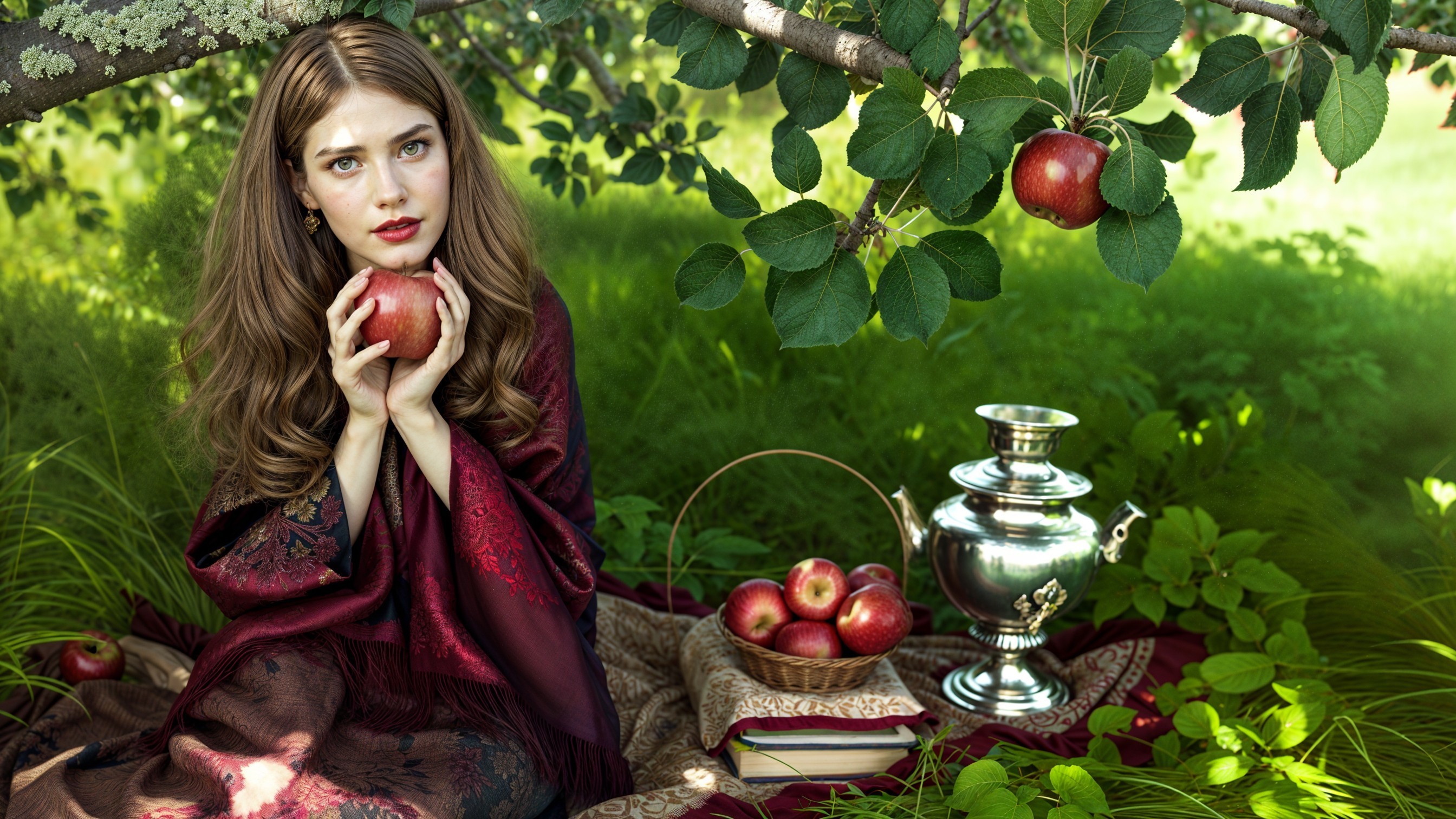 Young woman with apple under a tree in serene setting