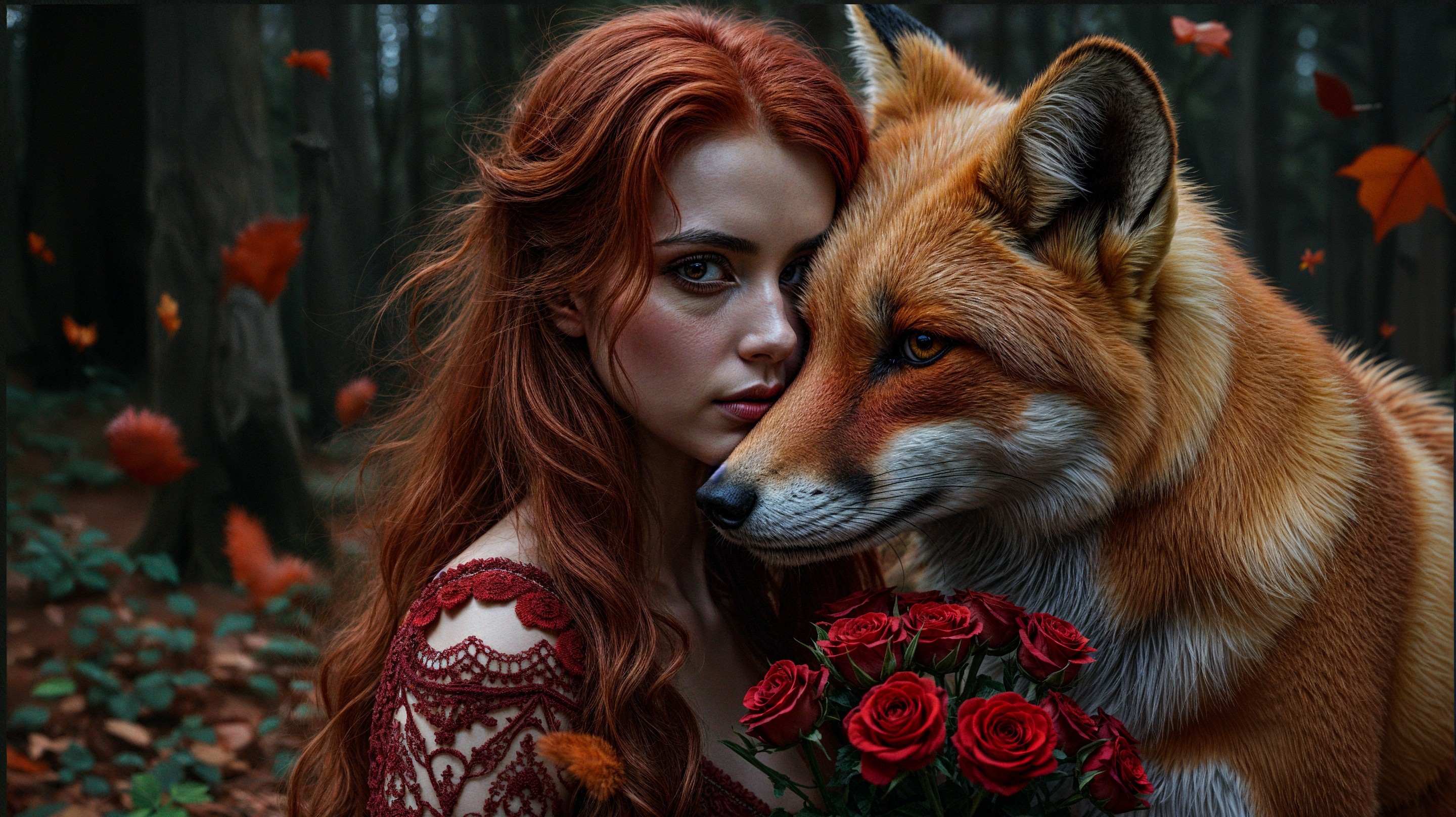 Young Woman with Fox in Mystical Autumn Forest
