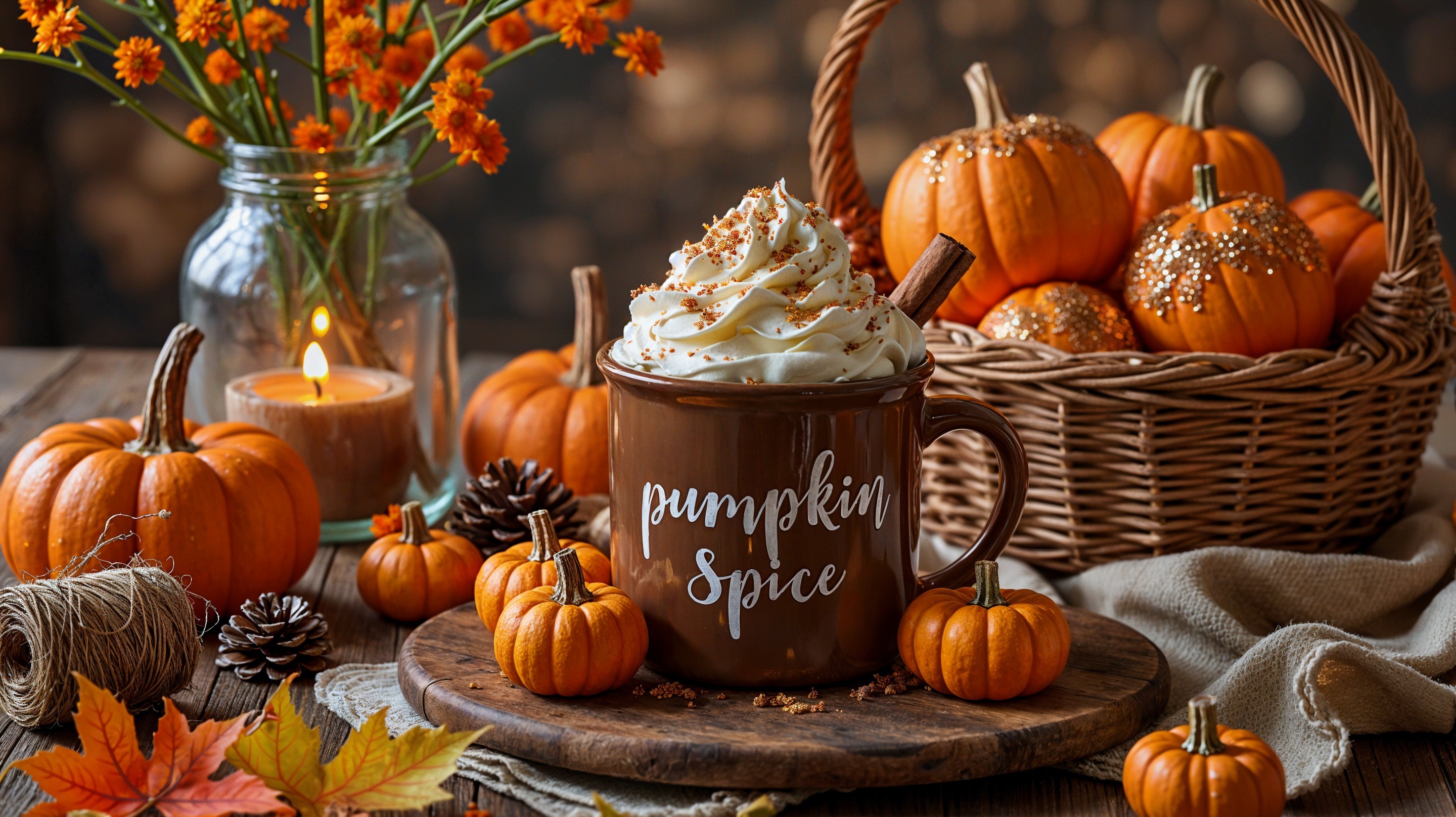 Cozy Autumn Scene with Pumpkin Spice Mug and Decor