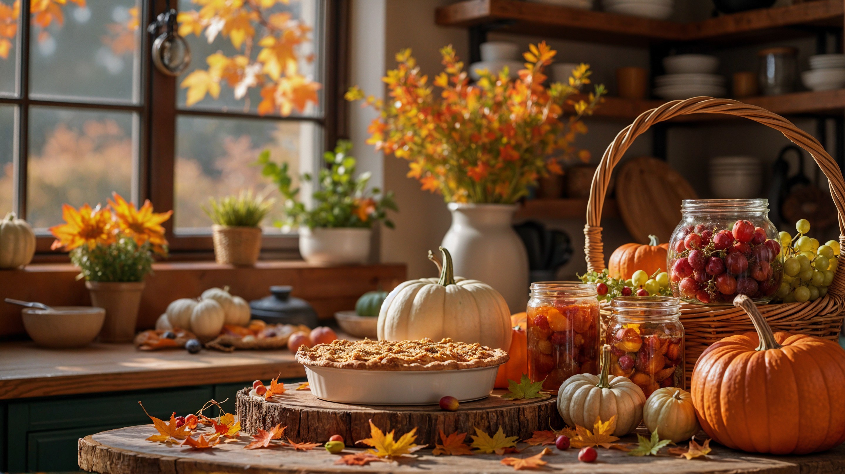 Cozy Autumn Kitchen with Pie and Seasonal Decor