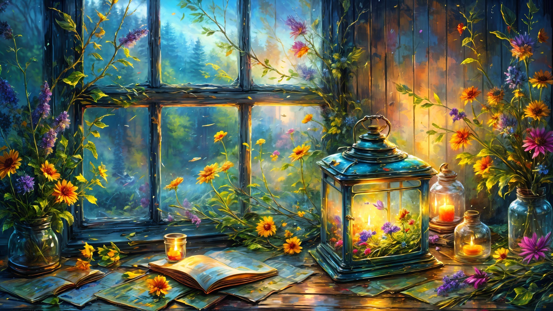 Serene Window Scene with Wildflowers and Lanterns
