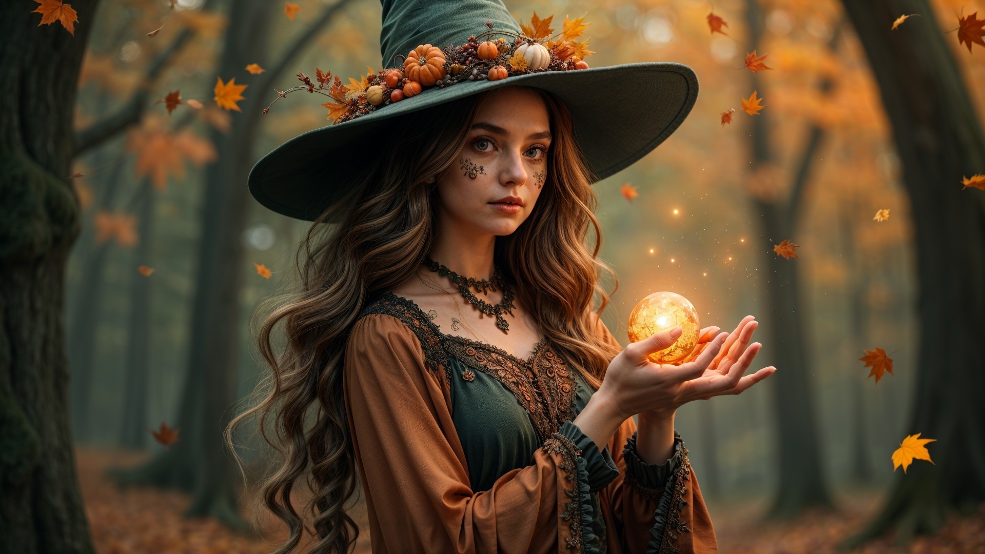 Young witch in enchanted forest with glowing orb