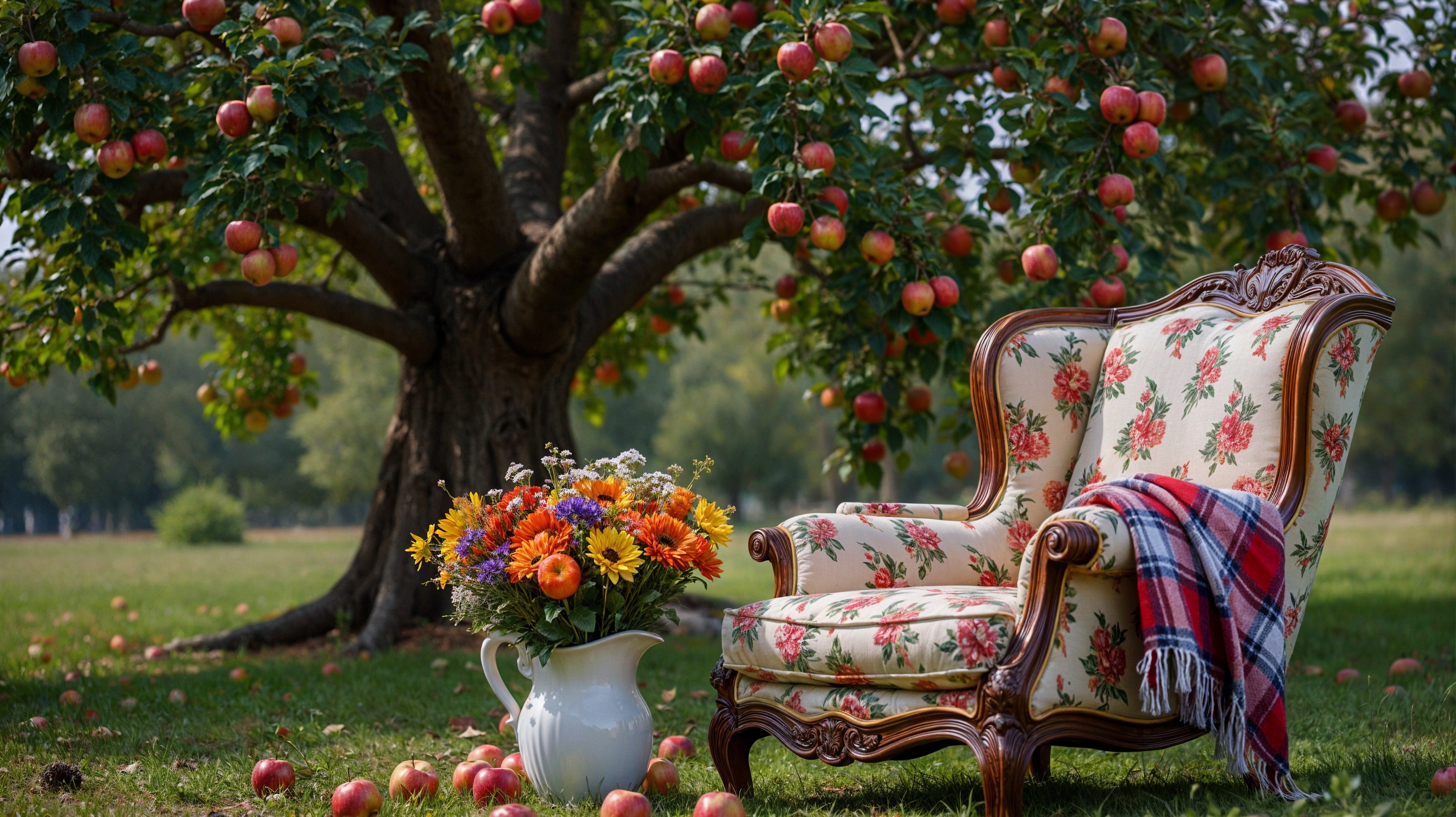 Vintage Floral Armchair in a Tranquil Outdoor Scene