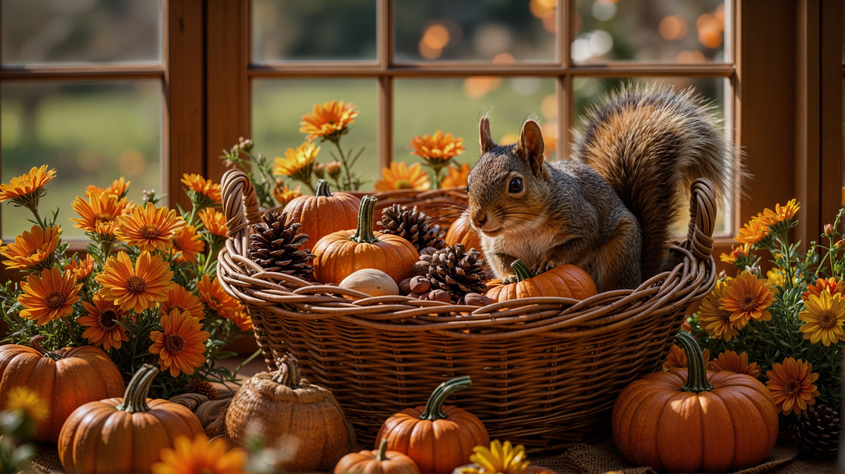 Squirrel in Basket Surrounded by Autumn Decor