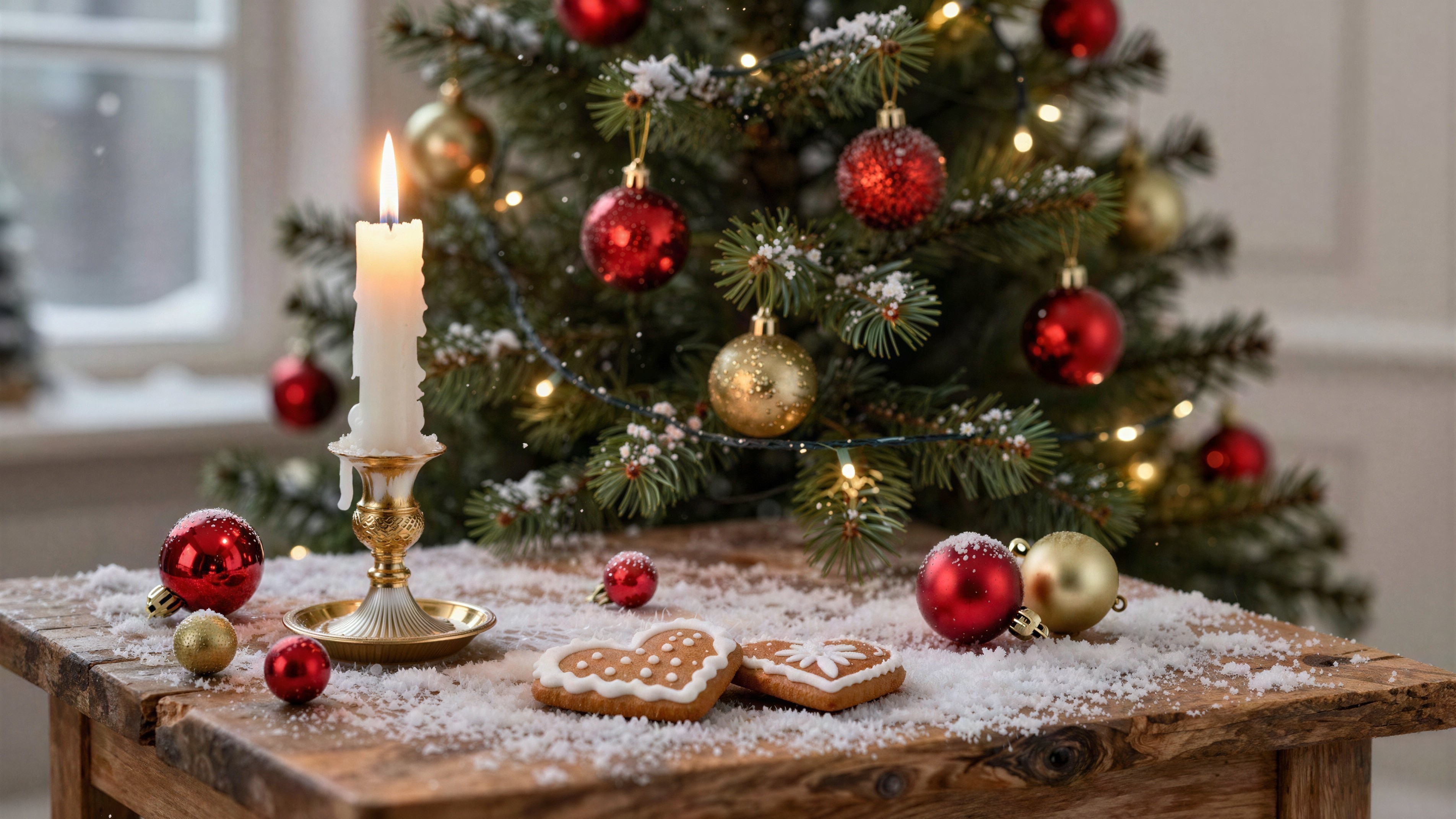 Close-up of a decorated Christmas tree and candle setup