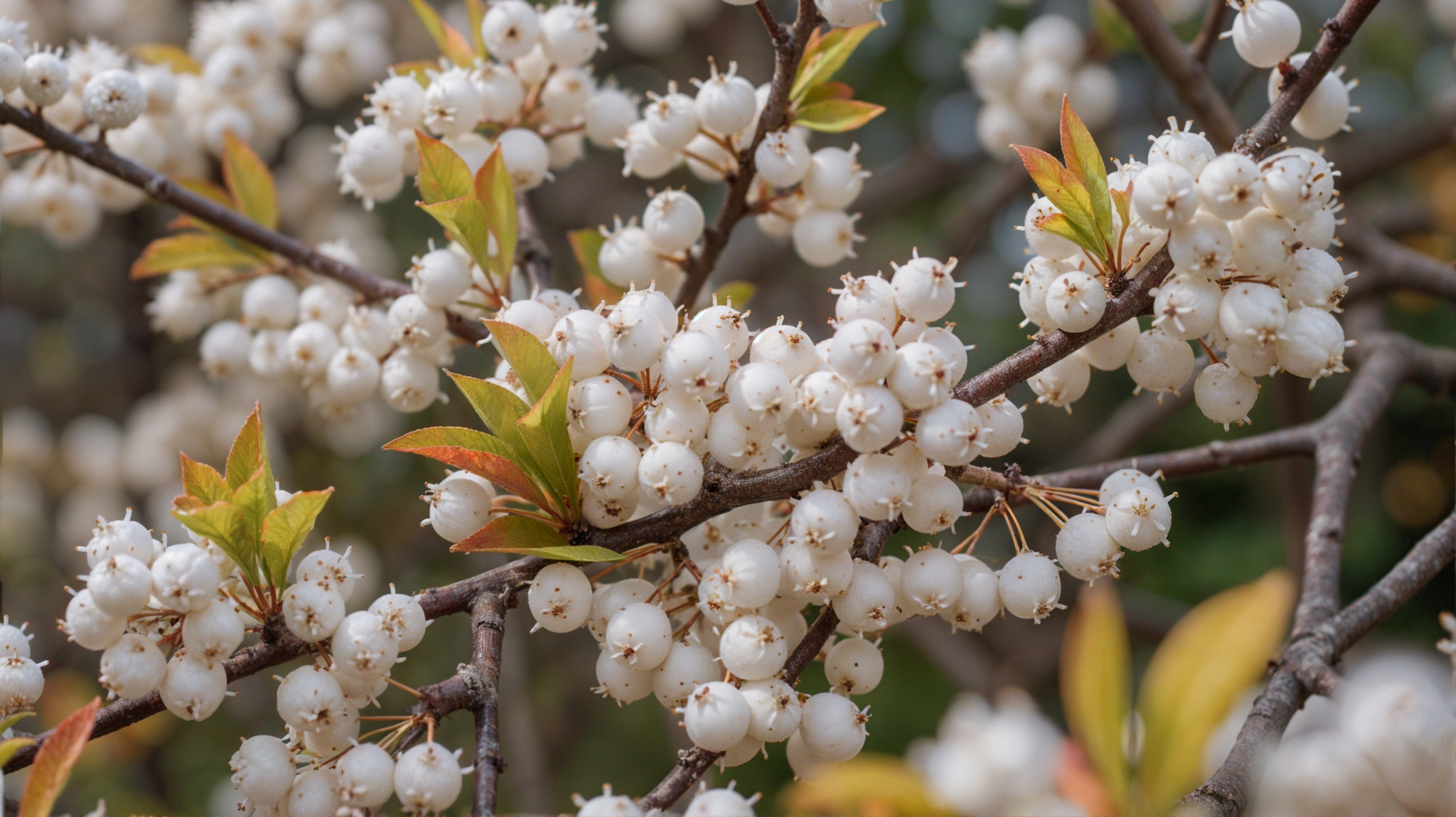 Close-Up of Branch with White Berries and Colorful Leaves