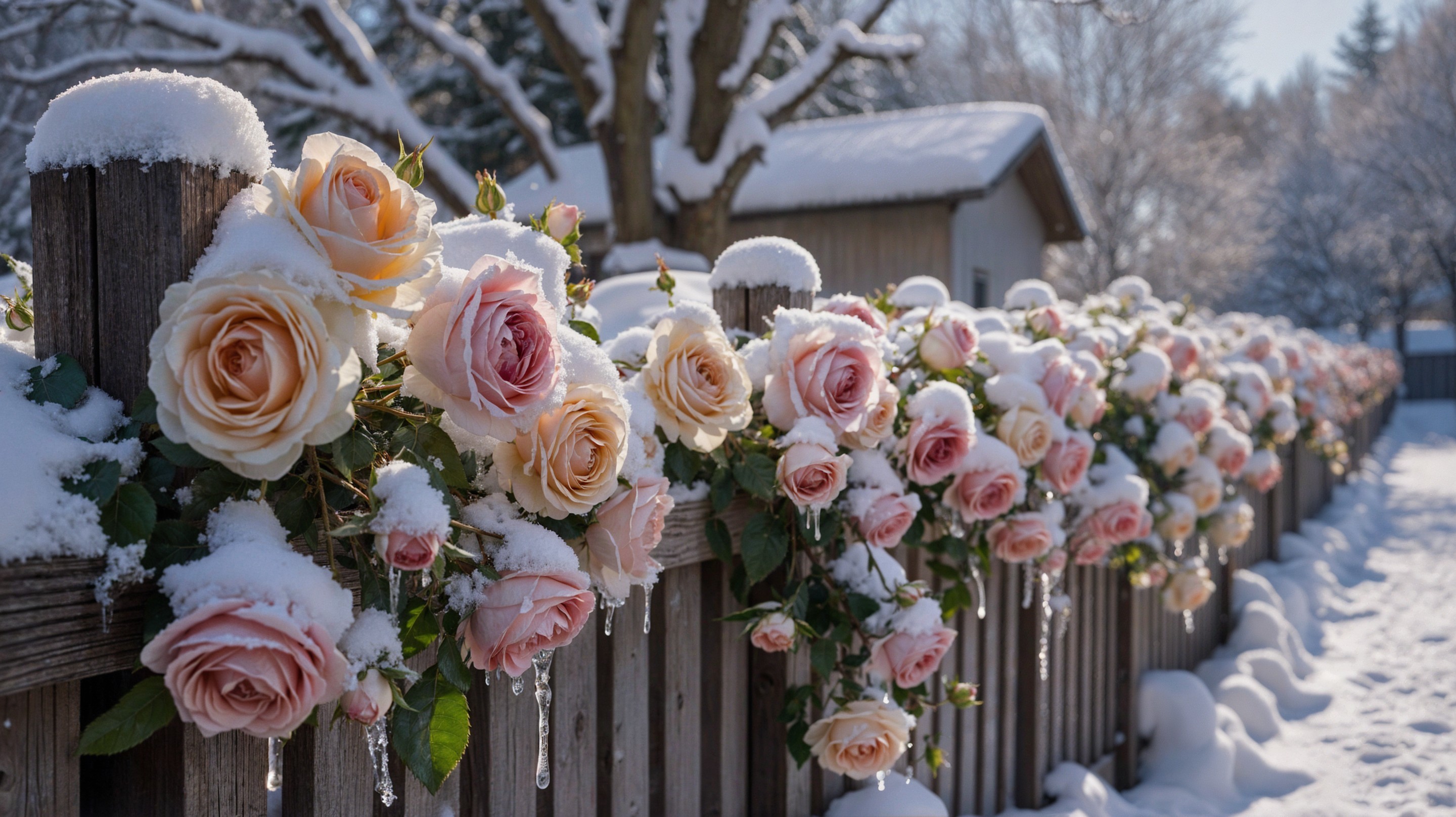 Winter Scene with Wooden Fence and Snow-Covered Roses