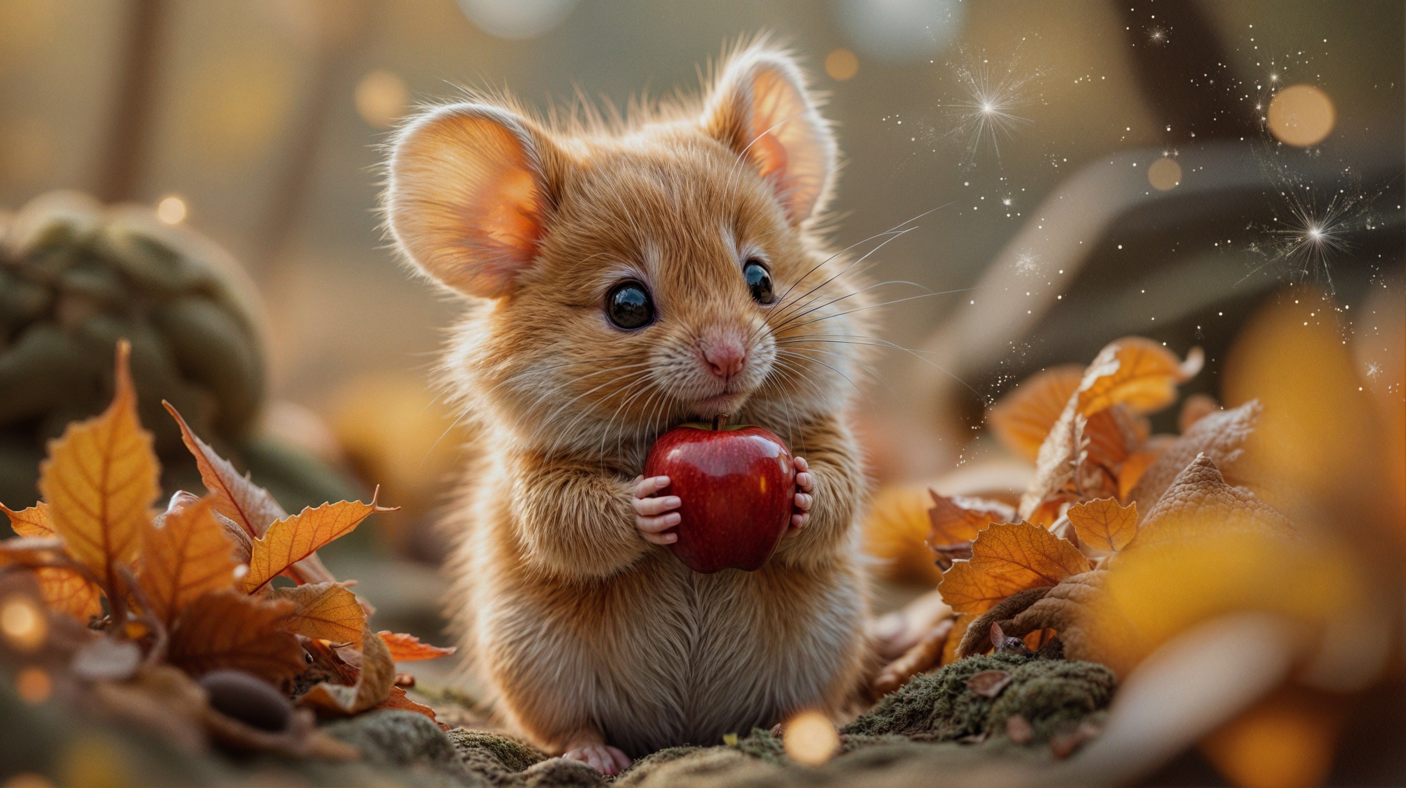 Fluffy Mouse with Apple in Autumn Leaves Scene