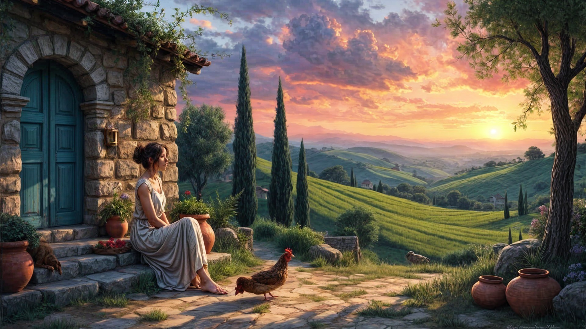 Serene rural scene with woman by rustic cottage