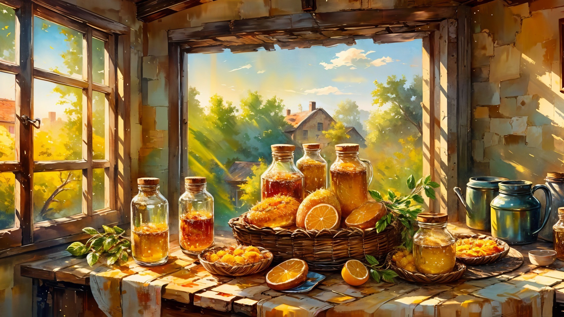 Rustic Kitchen with Honey, Preserves, and Oranges