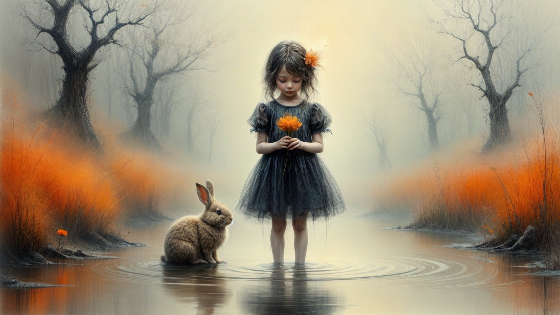 Young girl in black dress with orange flower in water