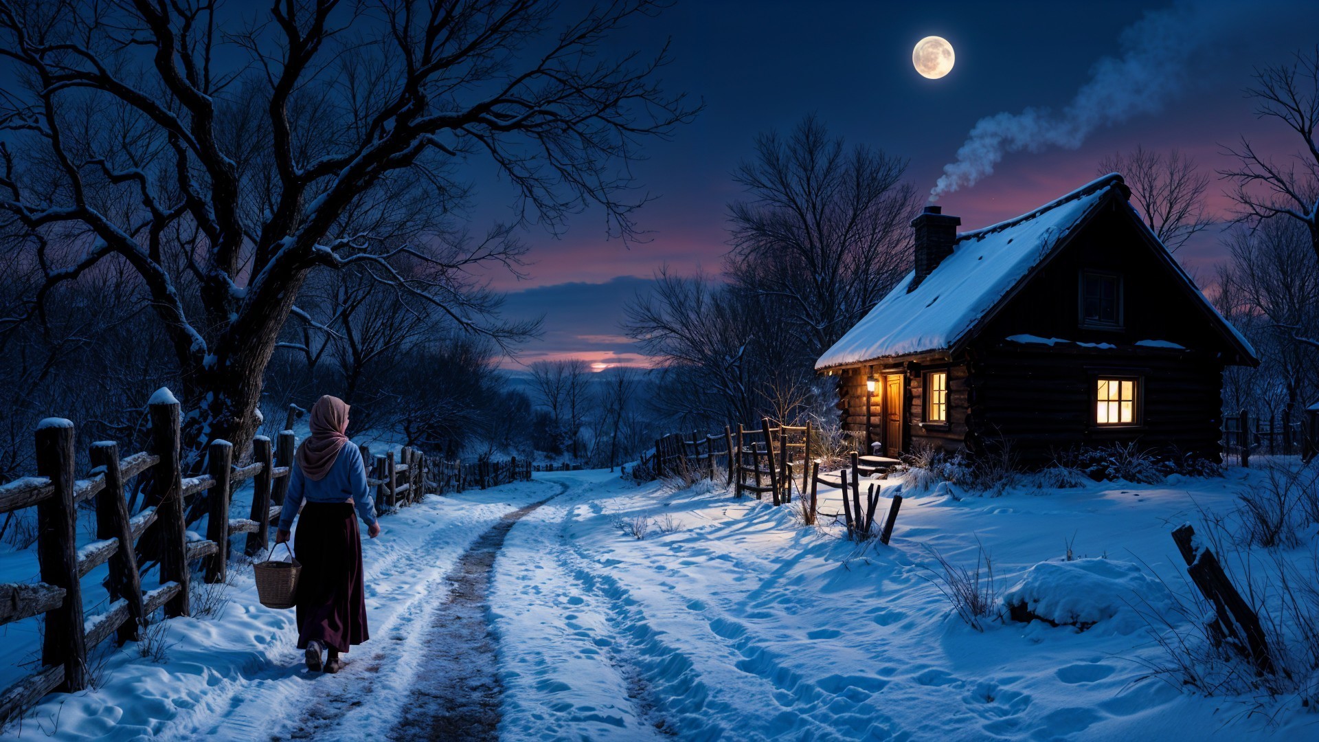 Winter Night Scene with Cabin and Snowy Pathway