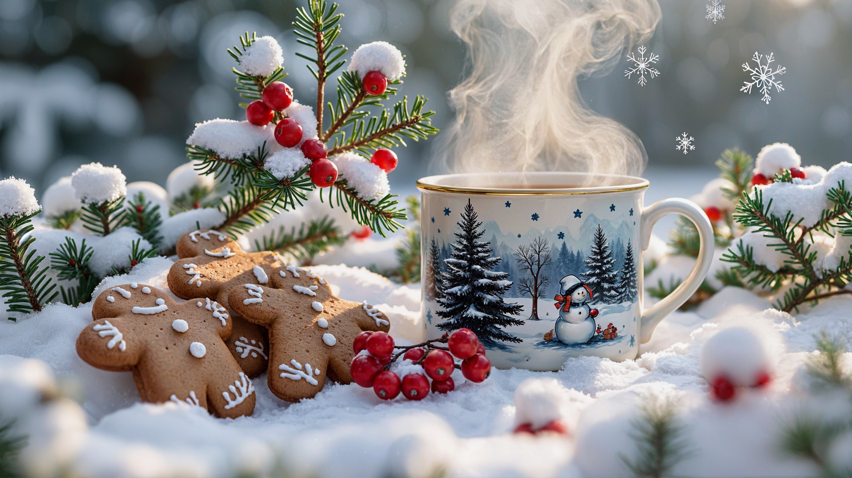 Cozy Winter Scene with Tea and Gingerbread Cookies