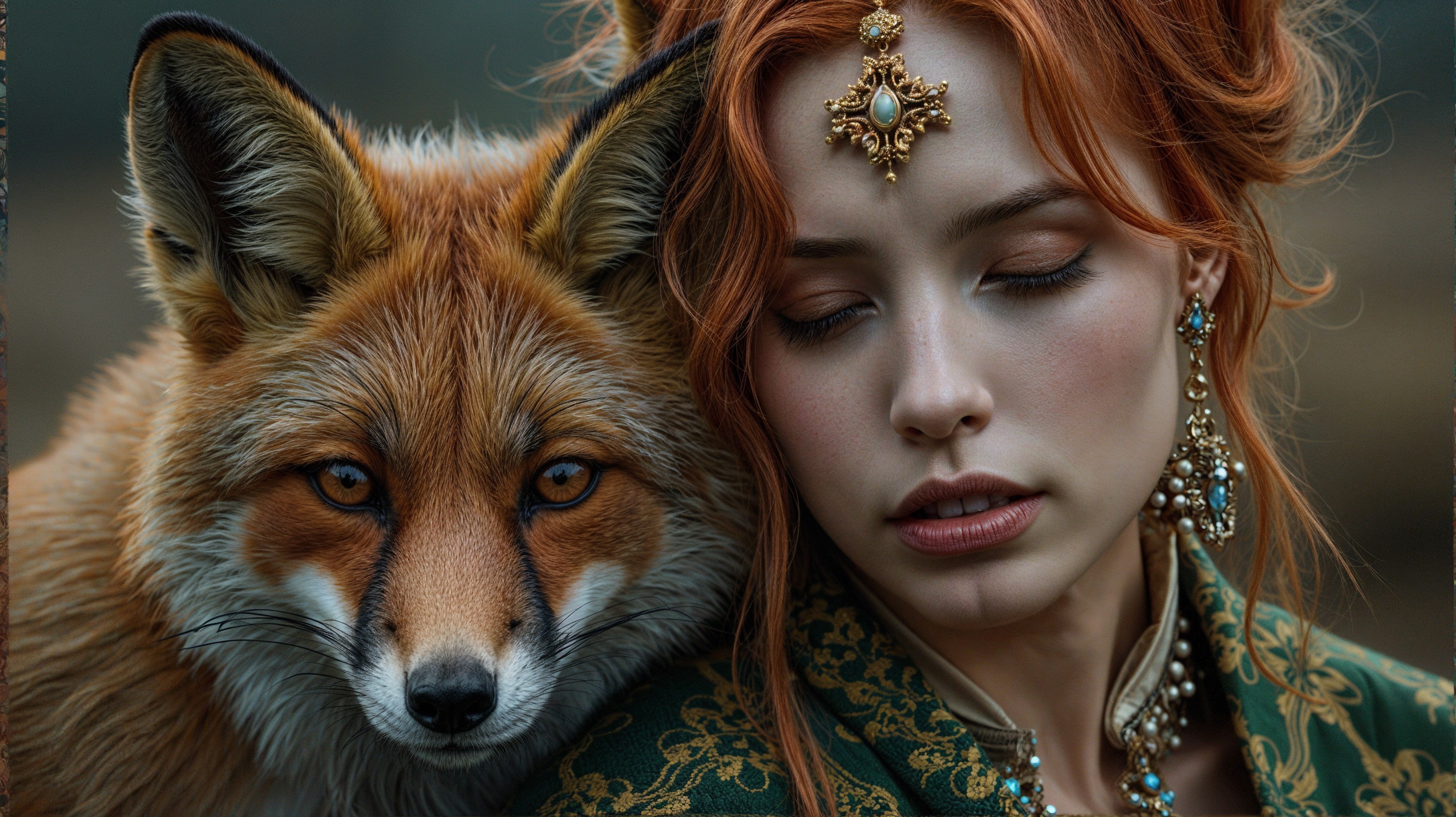 Woman with Red Hair and Fox in Enchanting Setting