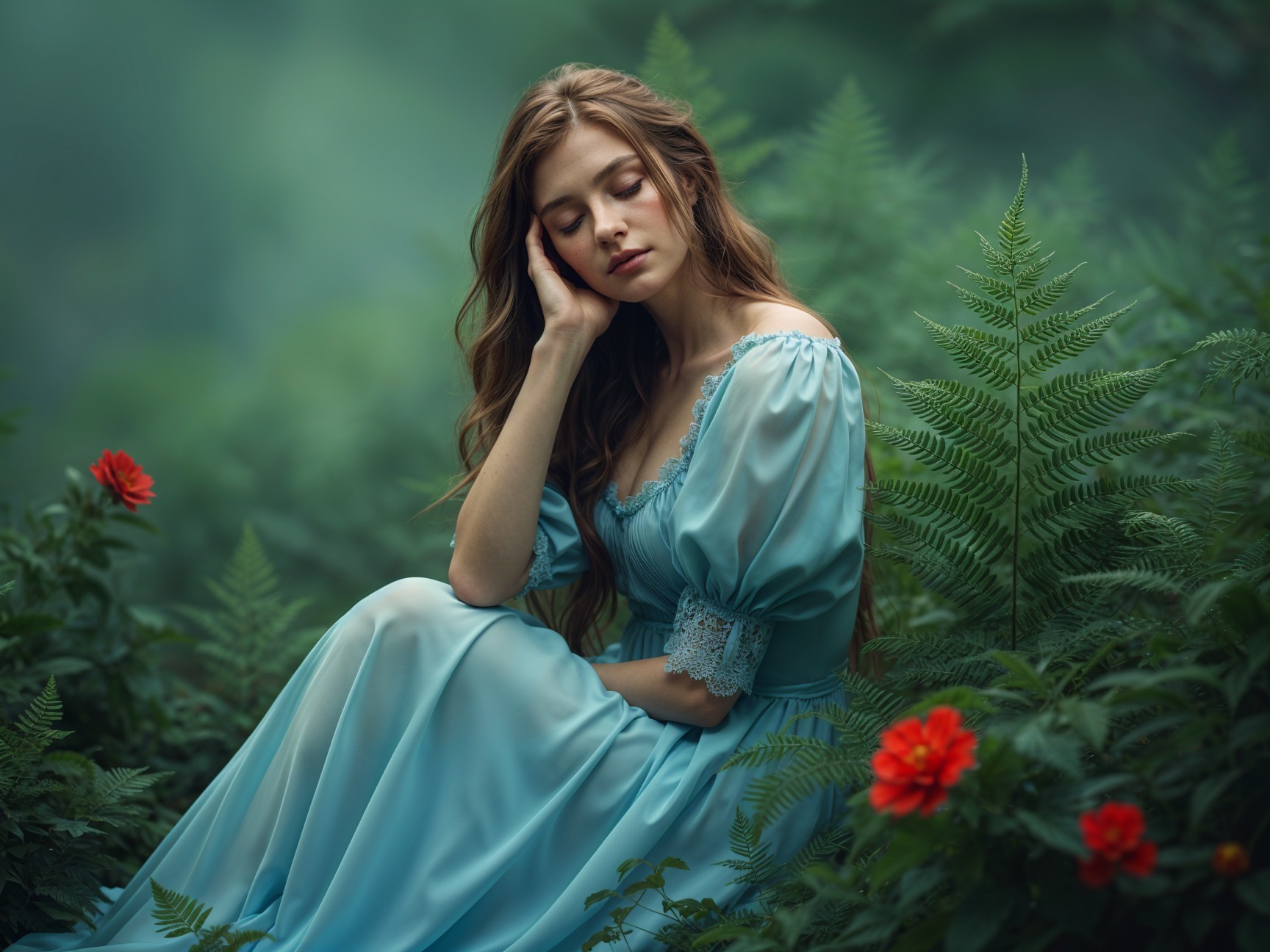 Young woman in blue dress among lush greenery and flowers