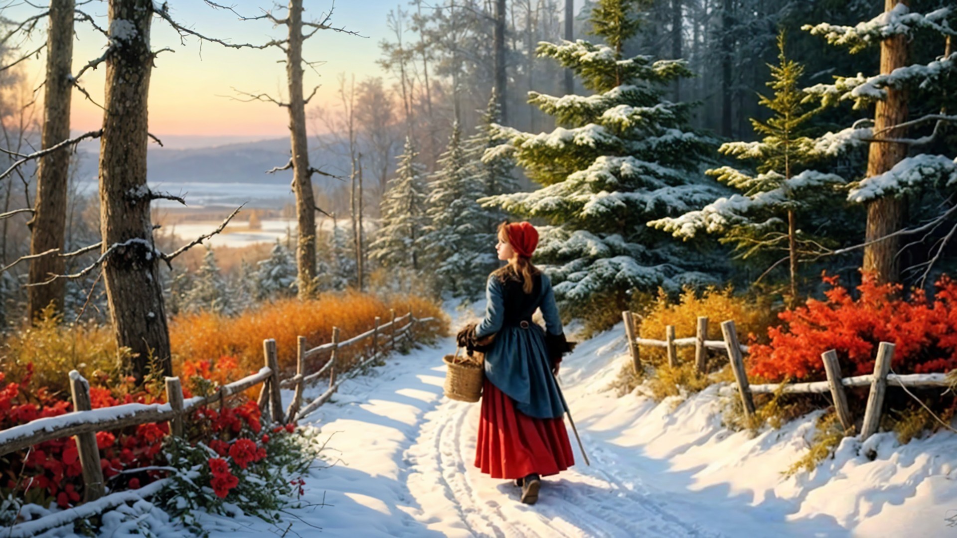 Traditional Attire in Serene Winter Landscape