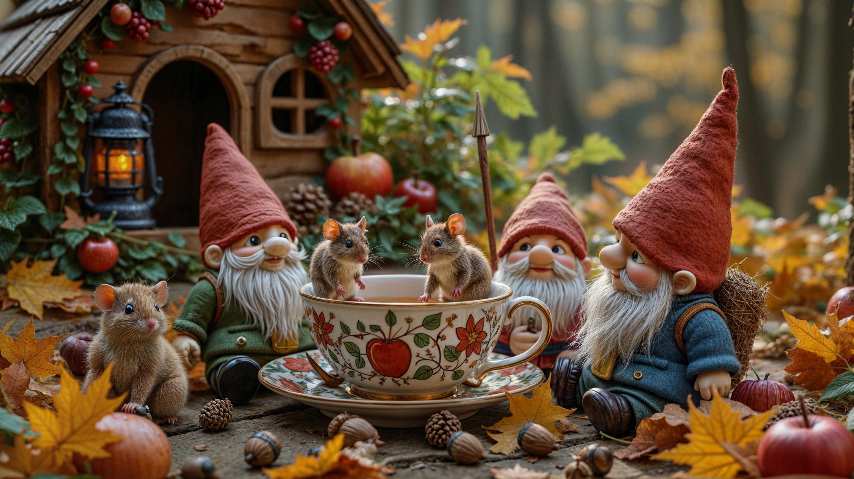 Whimsical Autumn Scene with Gnomes and Forest Friends