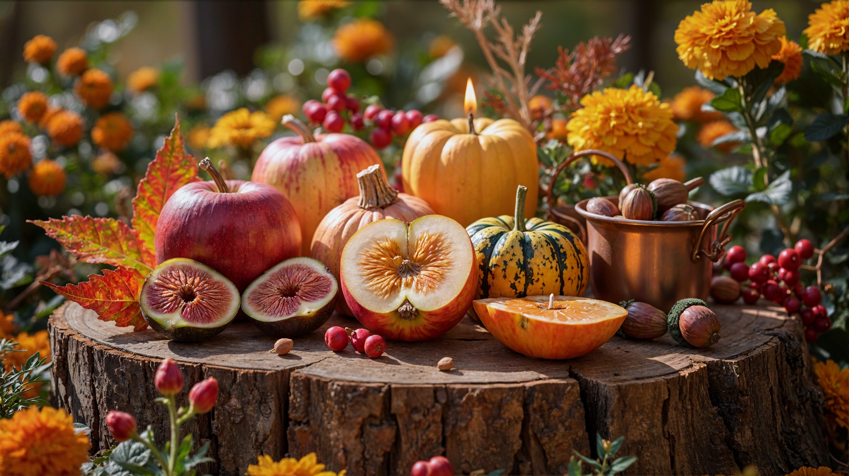 Autumn Harvest Display with Fruits and Vegetables