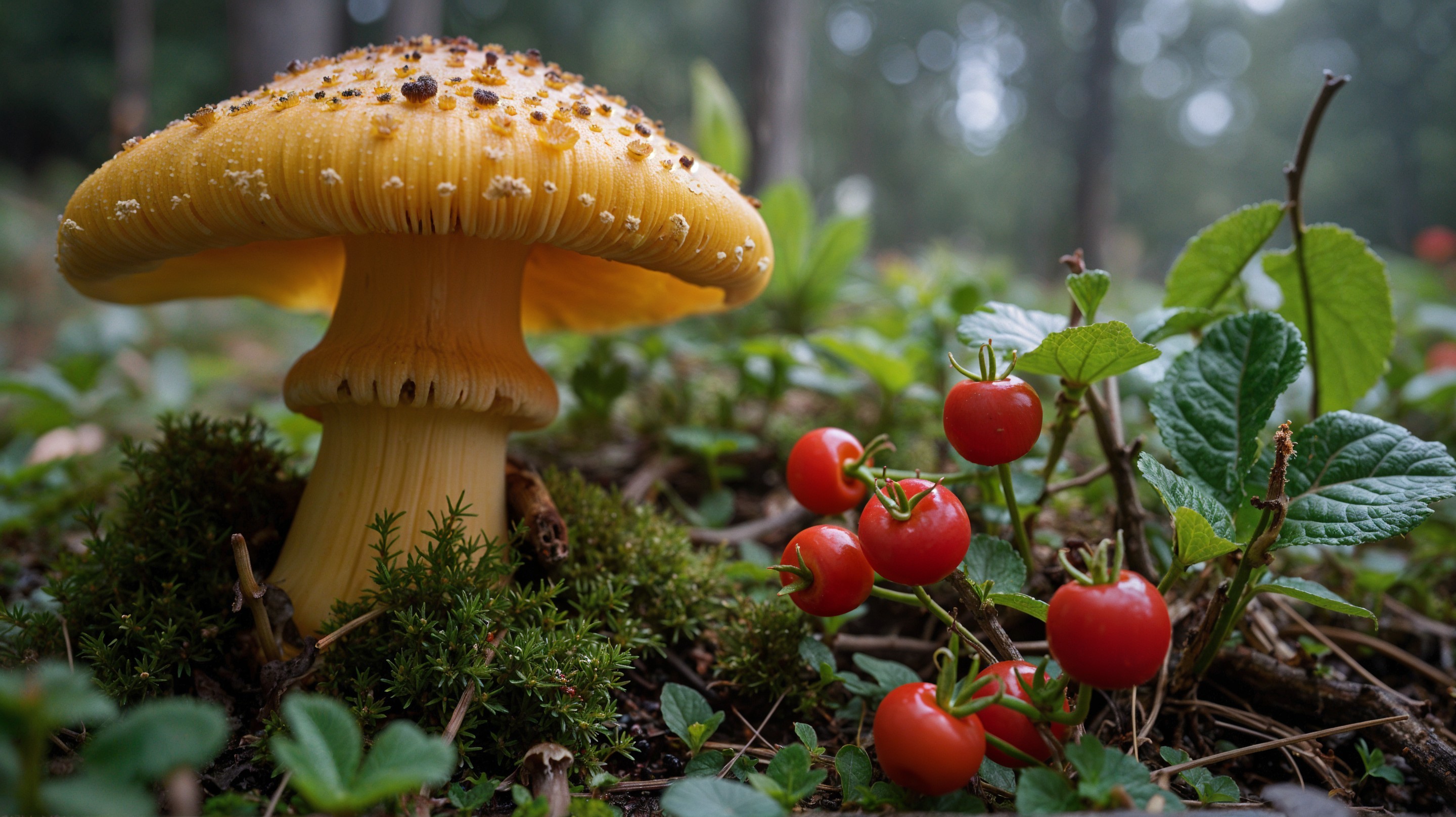 Vibrant Yellow Mushroom and Red Tomatoes in Forest
