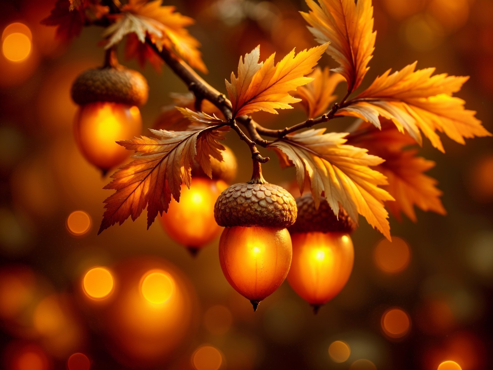 Close-up of Autumn Leaves and Acorns on a Branch
