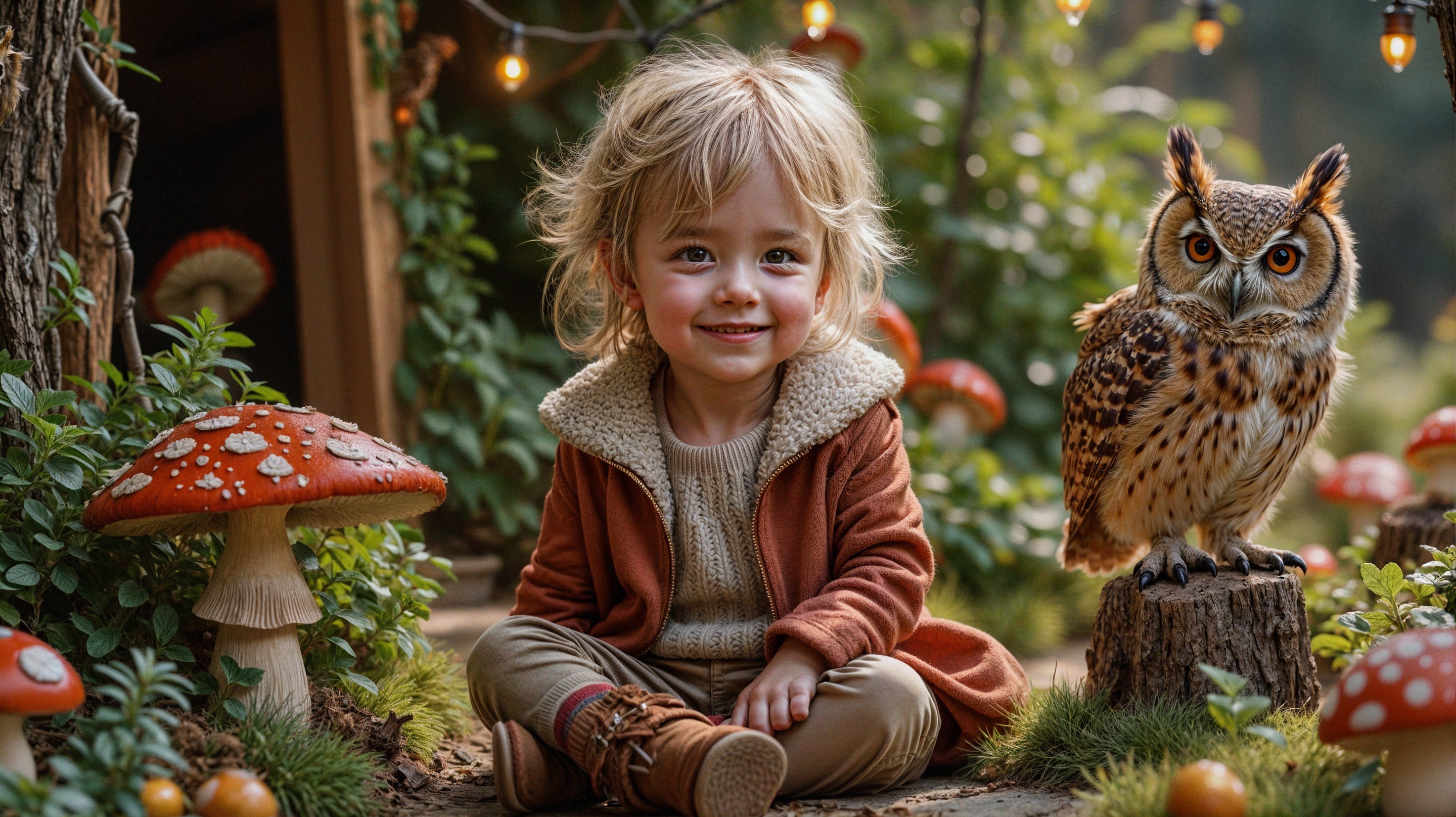 Child with Curly Hair Surrounded by Mushrooms and Owl