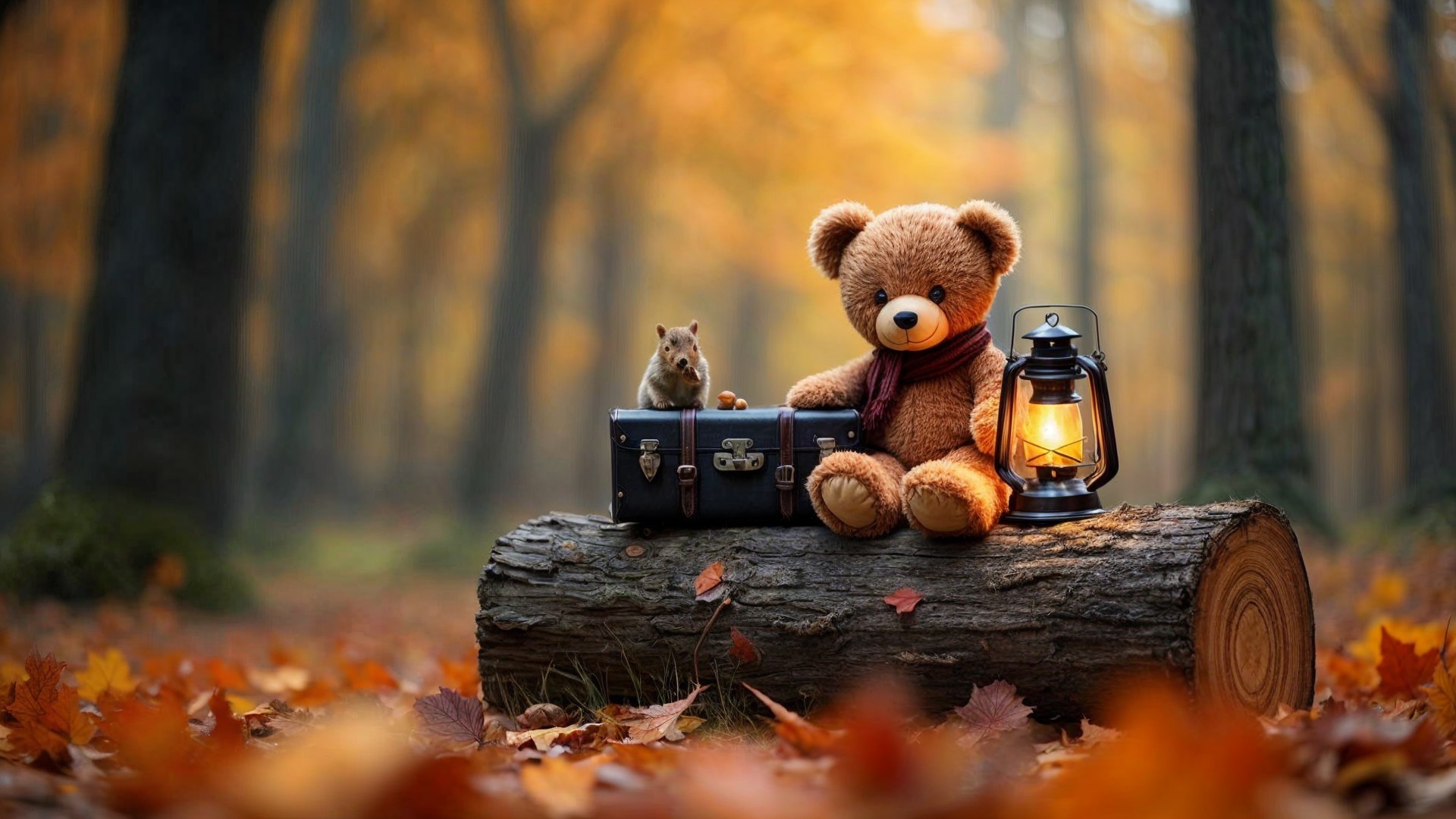 Plush Teddy Bear and Squirrel in Autumn Forest Scene