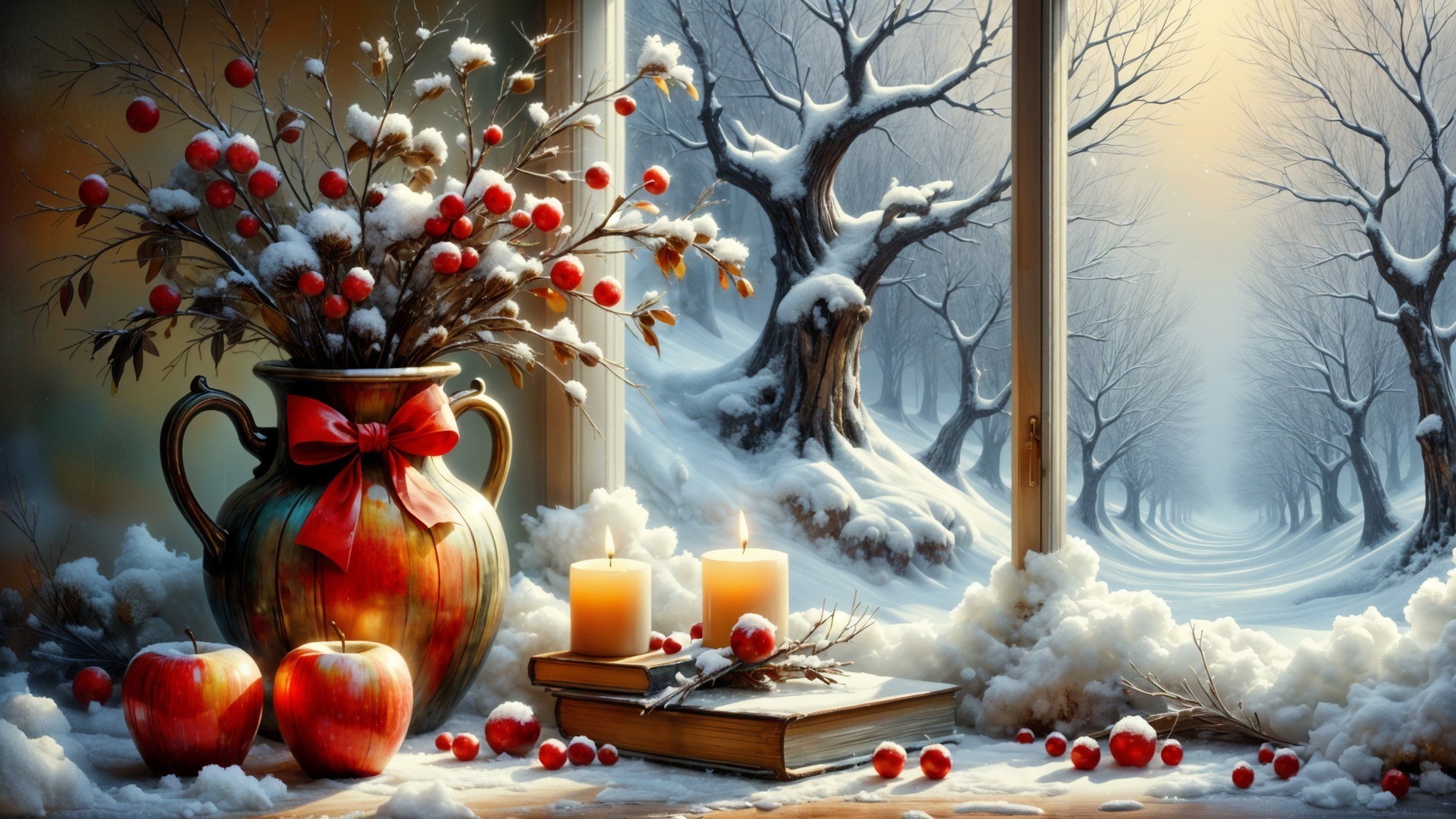 Cozy Winter Scene with Snowy Landscape and Decor