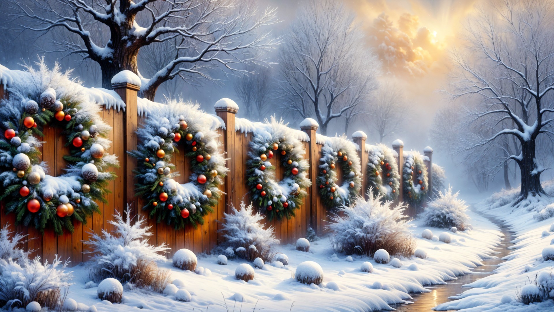 Serene Winter Landscape with Wreaths and Snow