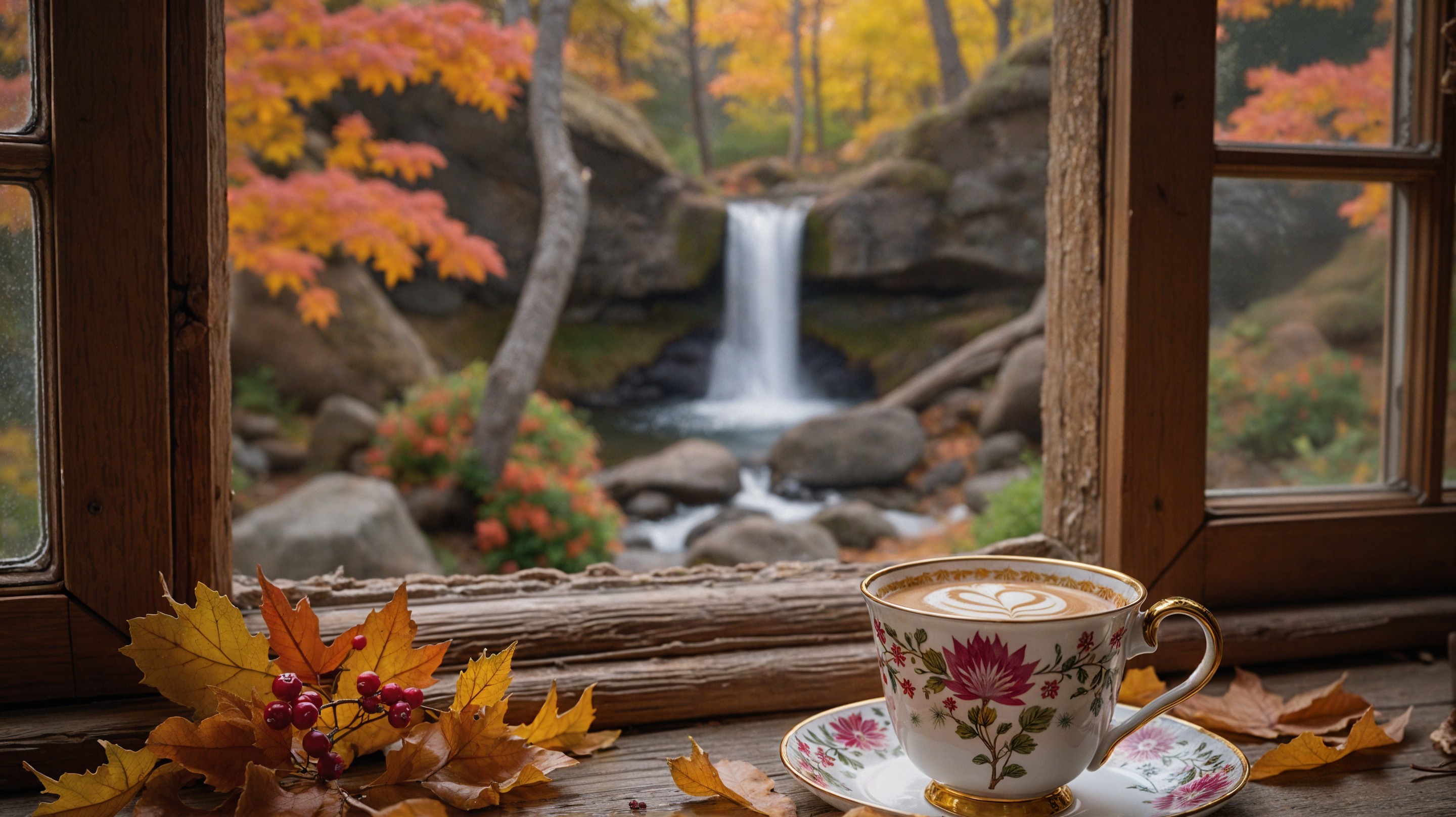 Cozy Autumn Scene with Teacup and Waterfall View