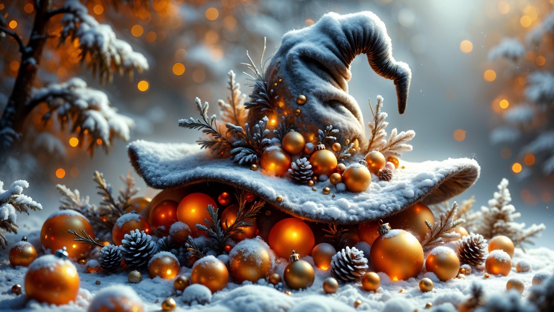 Whimsical Winter Scene with Ornate Hat in Snow