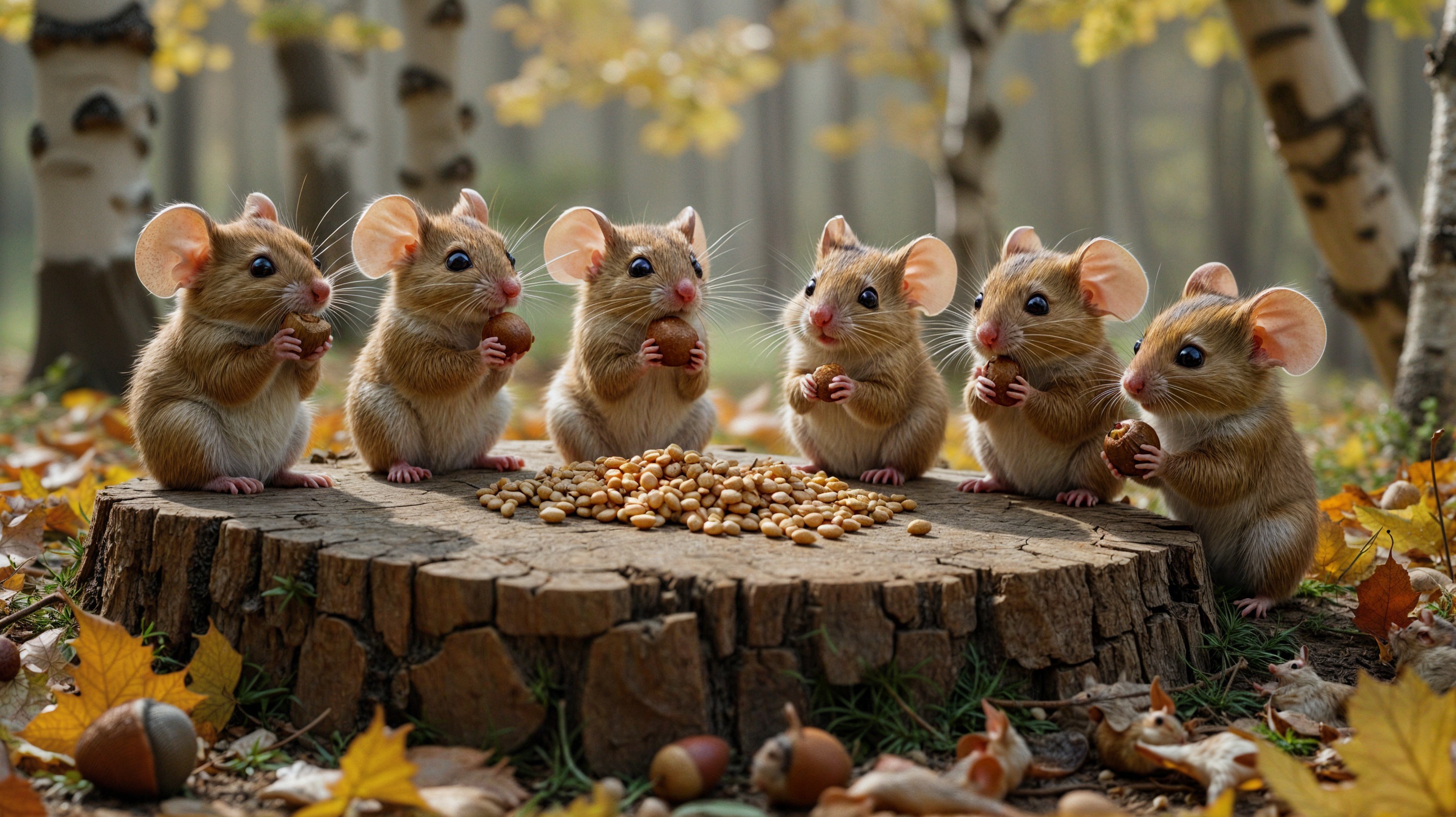 Adorable Mice Gather in Autumn Forest Glade