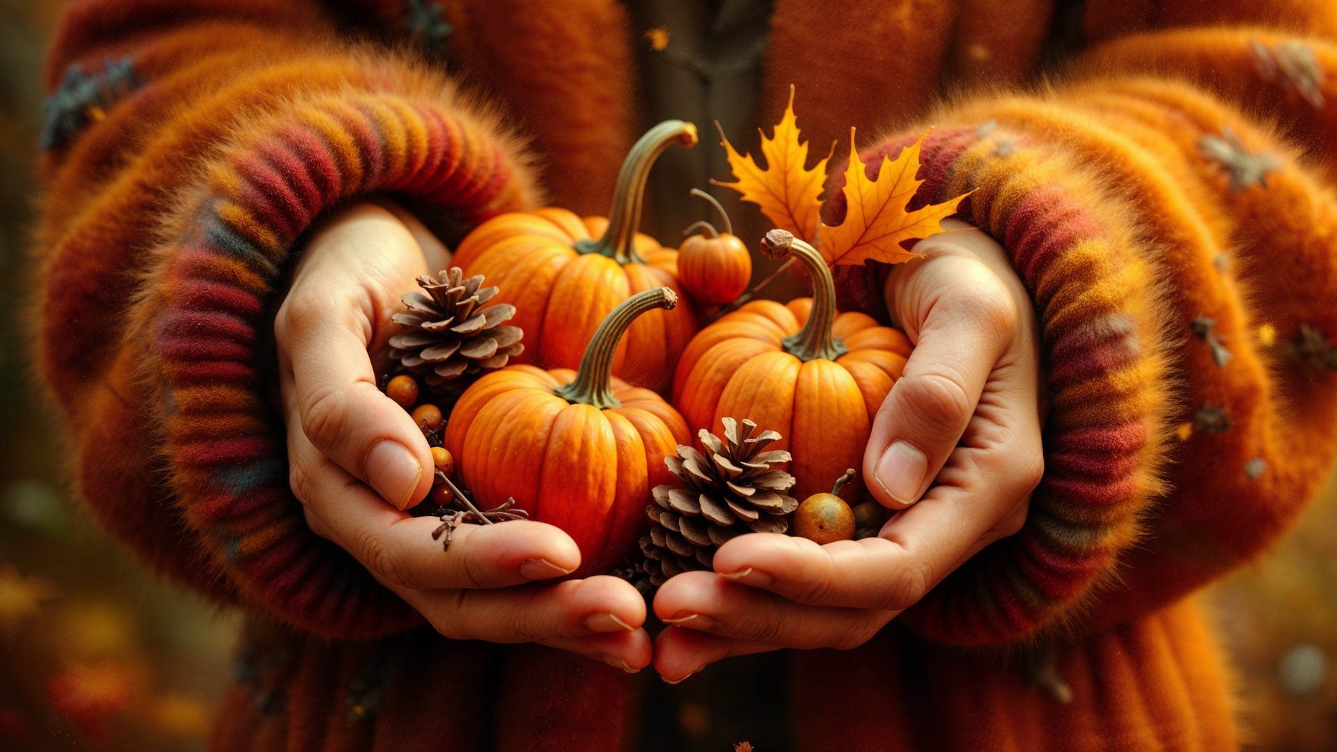 Autumn Scene with Pumpkins, Leaves, and Pine Cones
