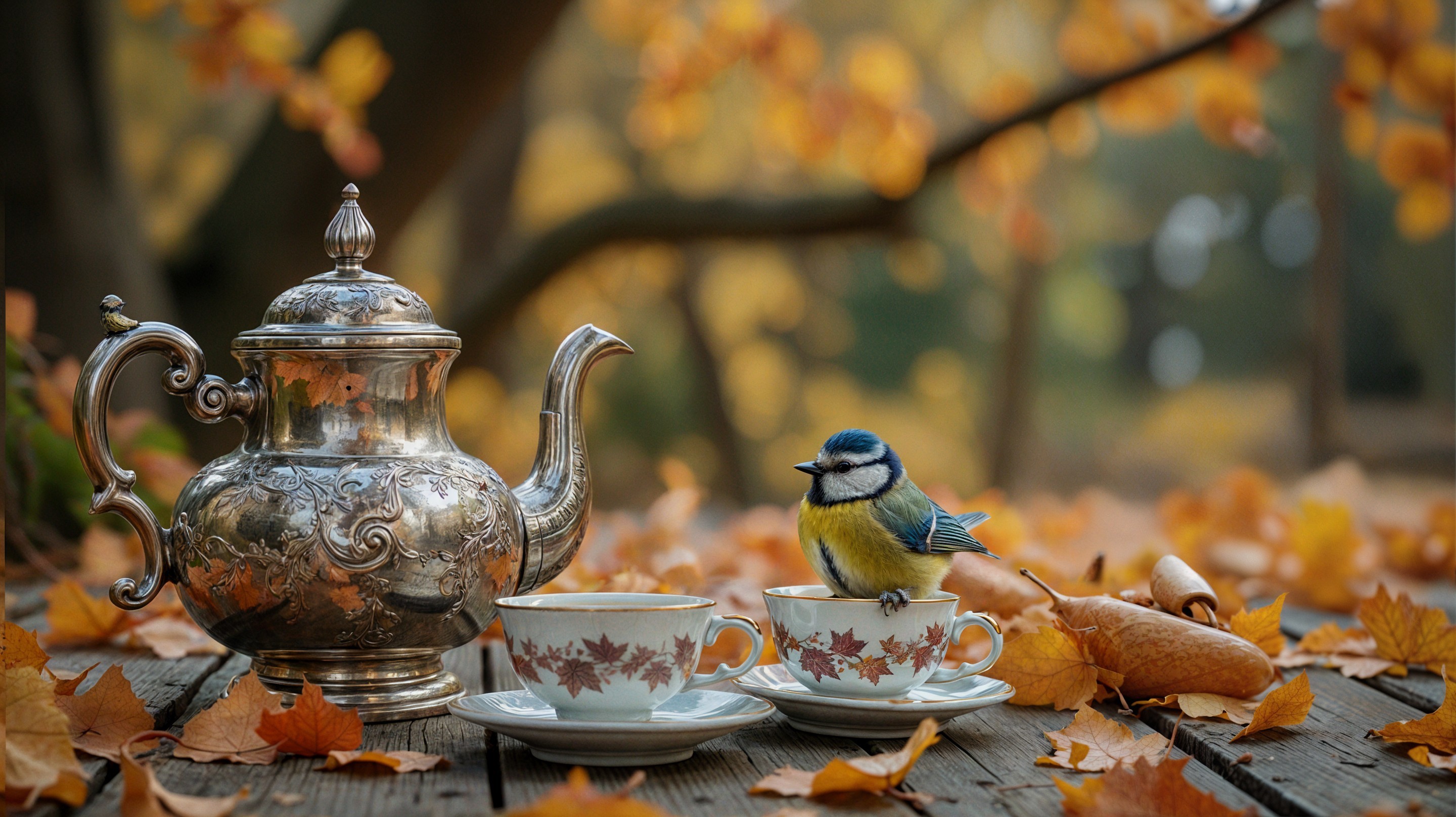 Autumn Scene with Teapot, Teacups, and Leaves