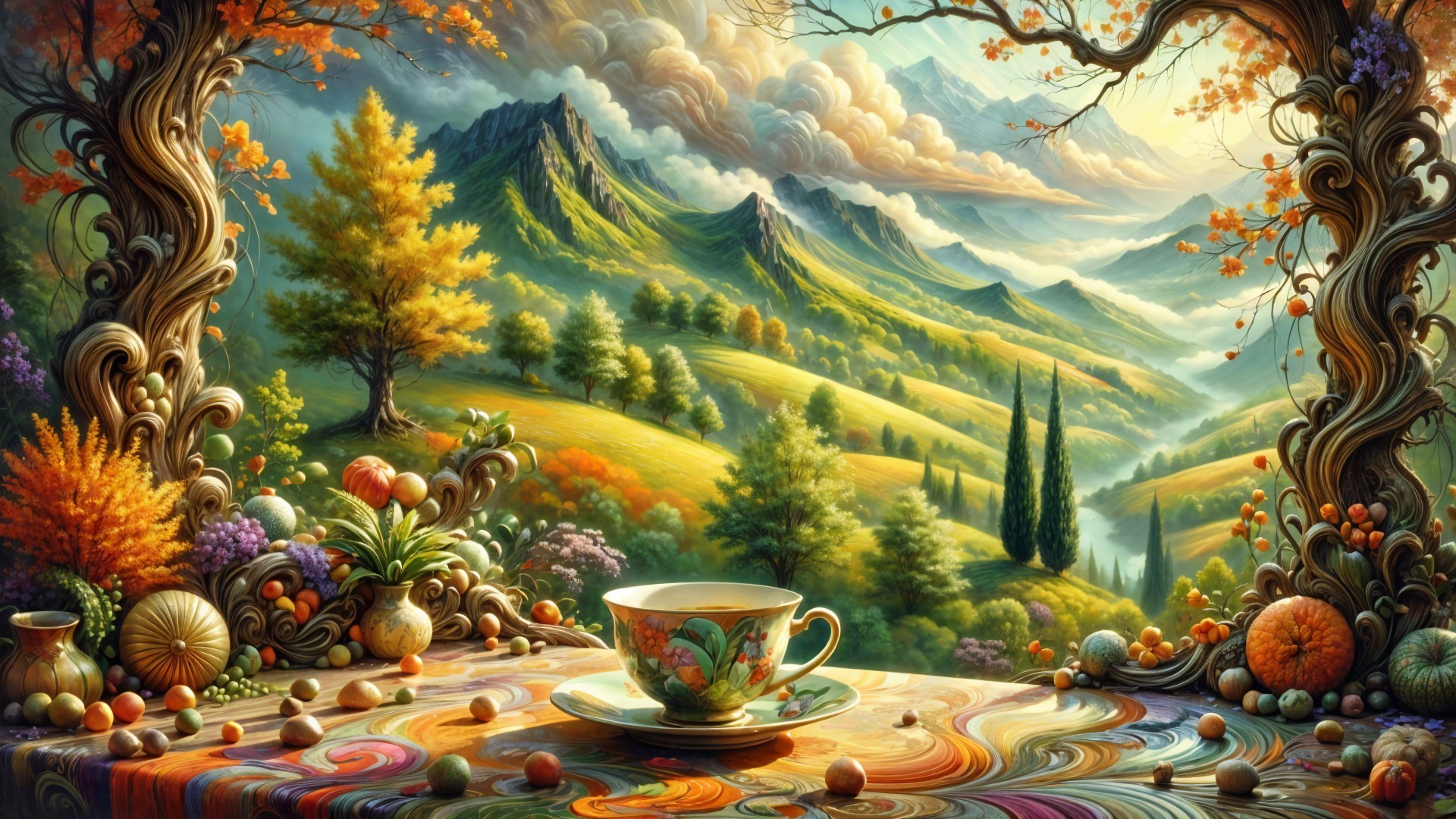 Vibrant Autumn Landscape with Teacup and Fruits