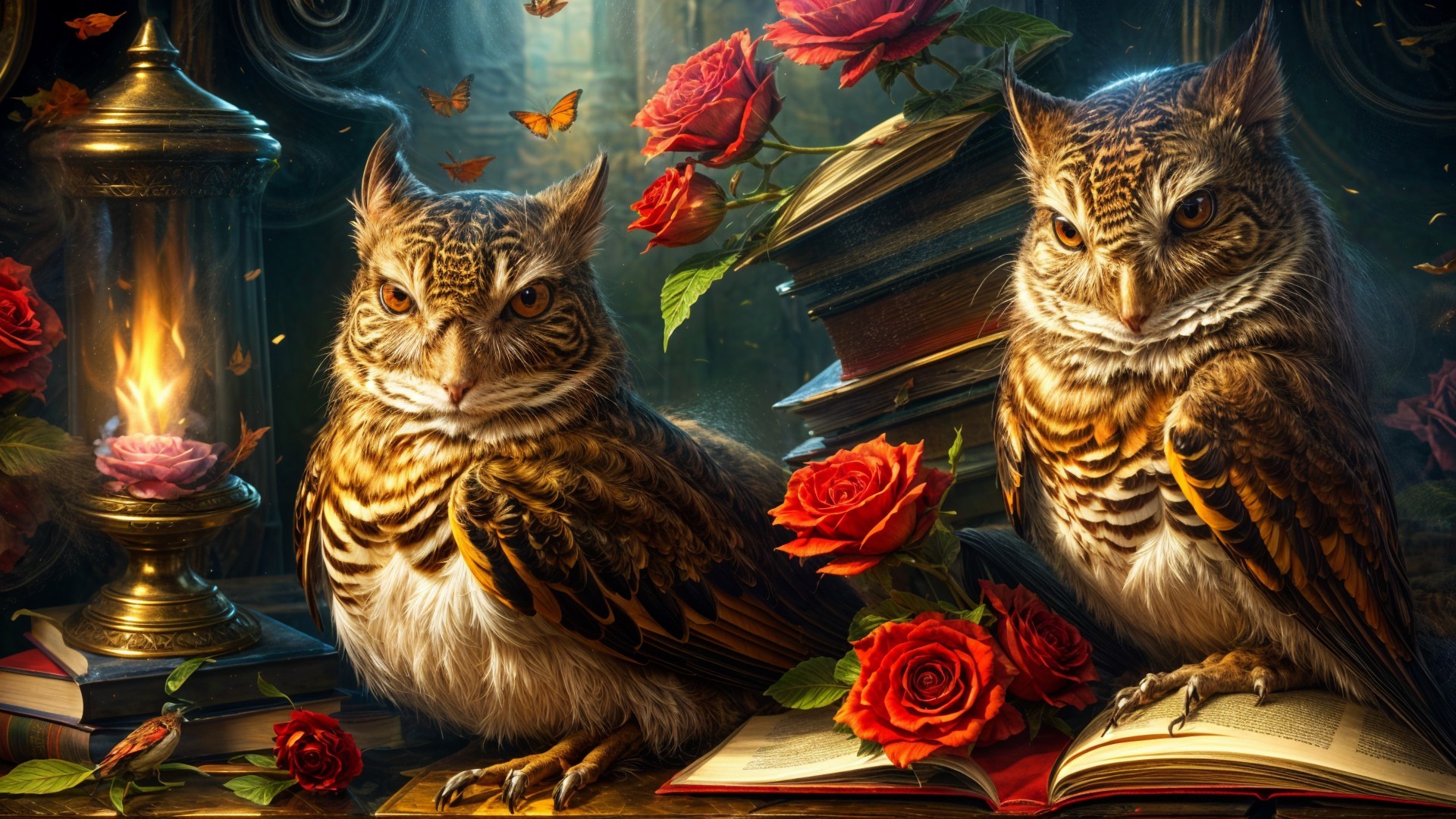 Owls on Books in a Cozy Library with Roses and Lantern